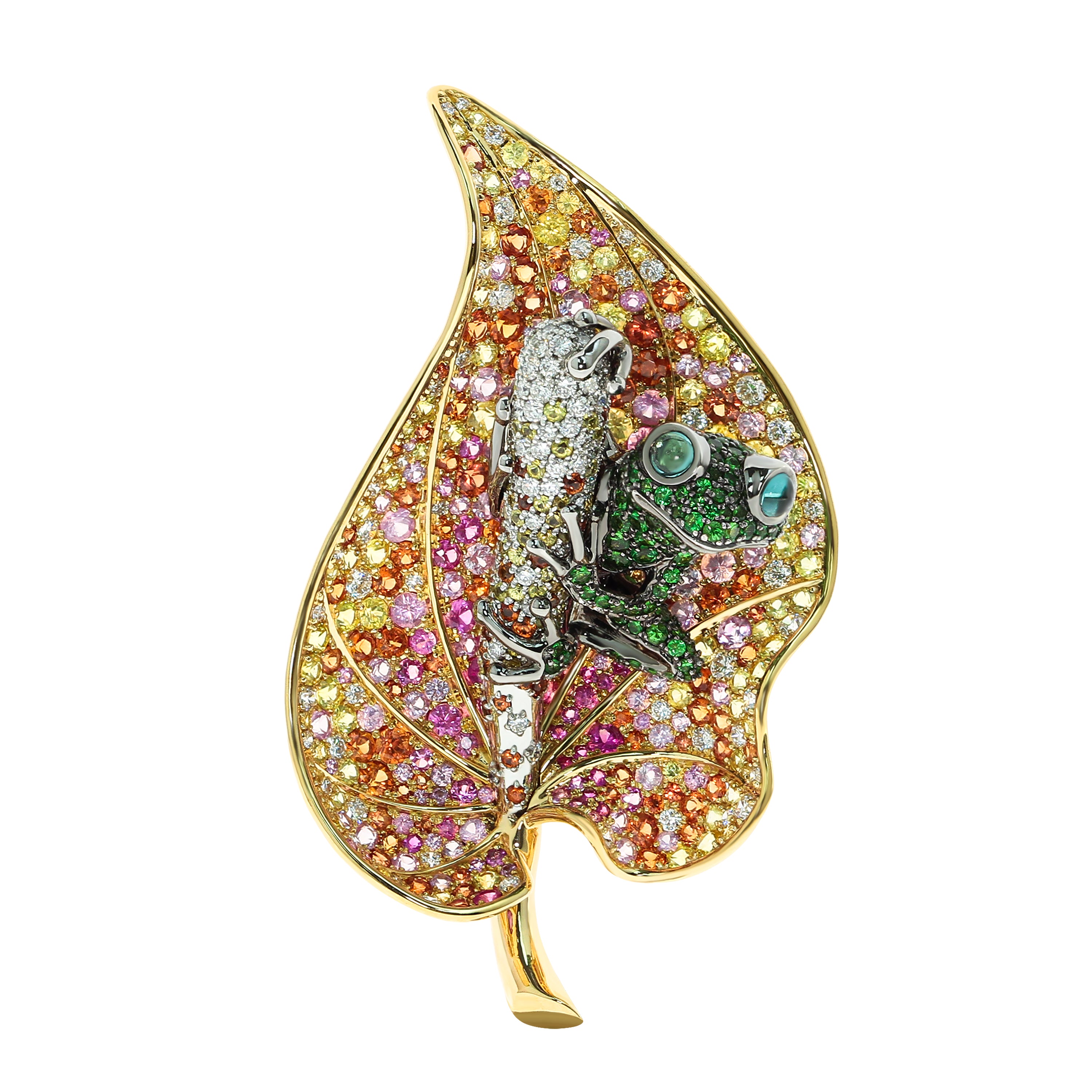 Brs 0179-0, 18K Yellow and White Gold, Multi-Color Sapphires, Diamonds Frog Brooch