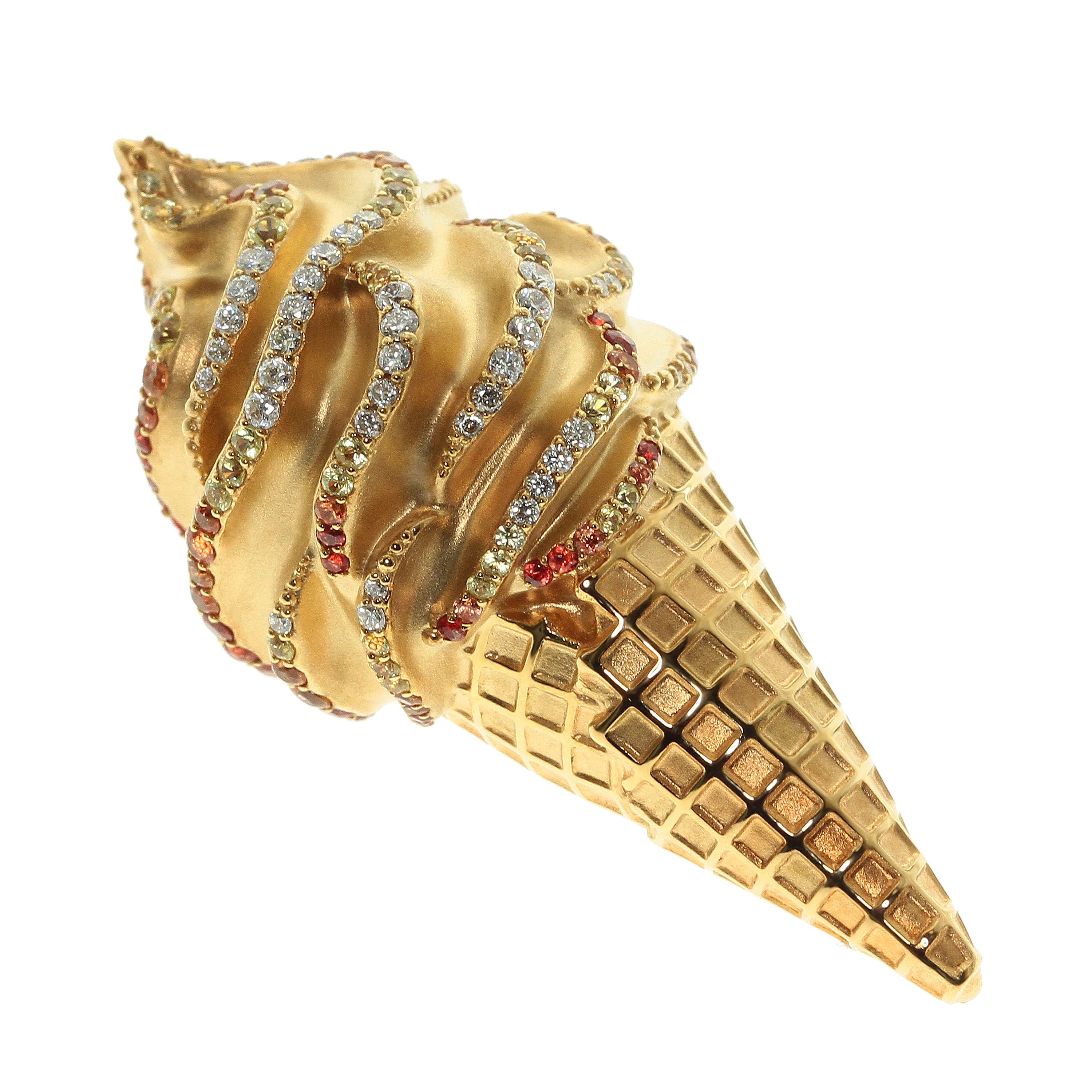 Brs 0214-2, 18K Yellow Gold, Orange and Yellow Sapphires, Diamonds Ice-cream Brooch