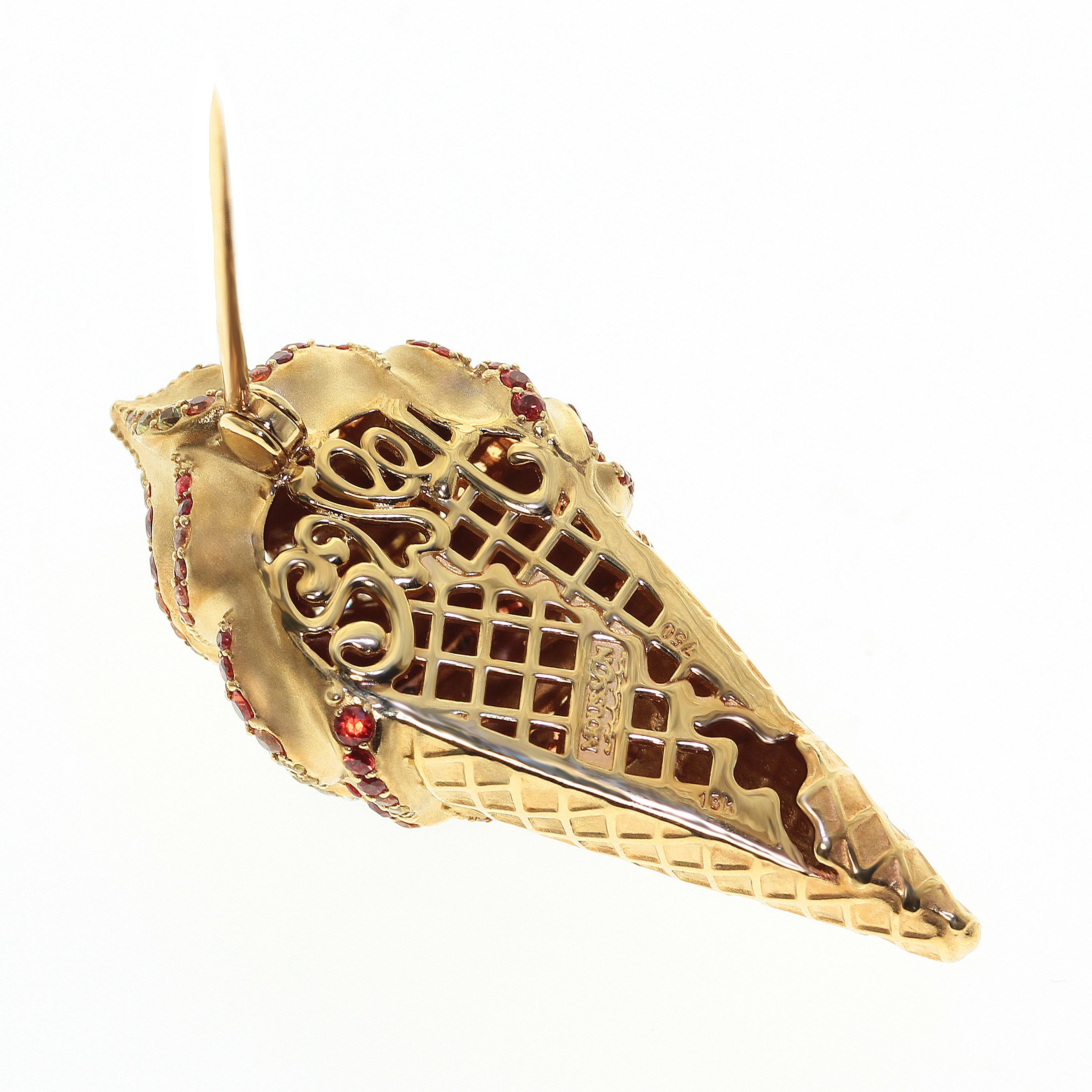Orange and Yellow Sapphires, Diamonds 18K Yellow Gold Ice-cream Brooch, Brs 0214-2