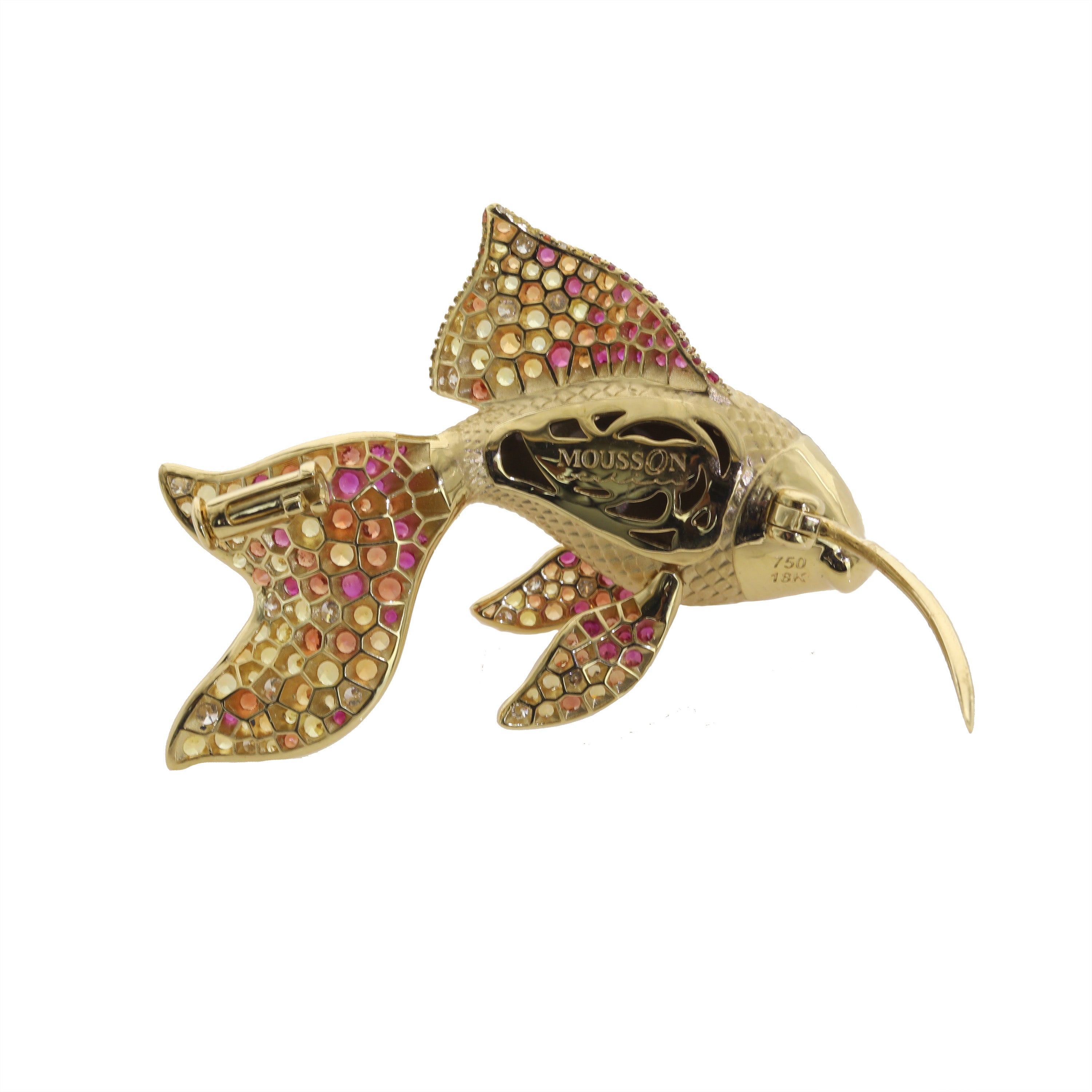 Brs 0251-2, 18K Yellow Gold, Diamonds, Sapphires Golden Fish Brooch