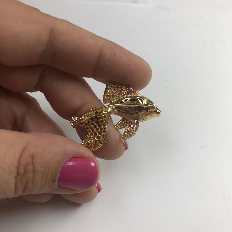Diamonds, Sapphires 18K Yellow Gold Golden Fish Brooch, Brs 0251-2