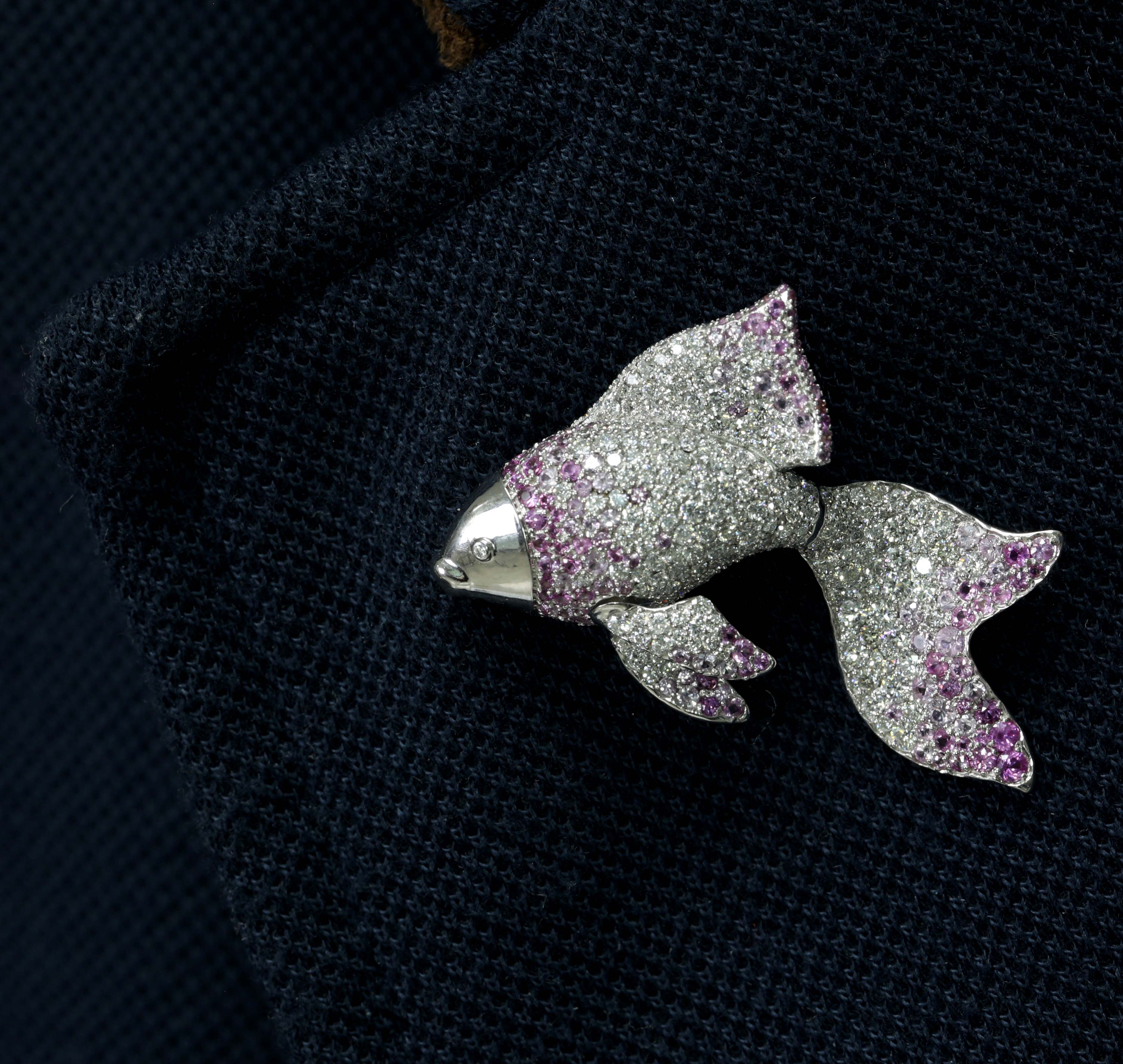 Diamonds, Pink Sapphires 18K White Gold Golden Fish Brooch, Brs 0251-21