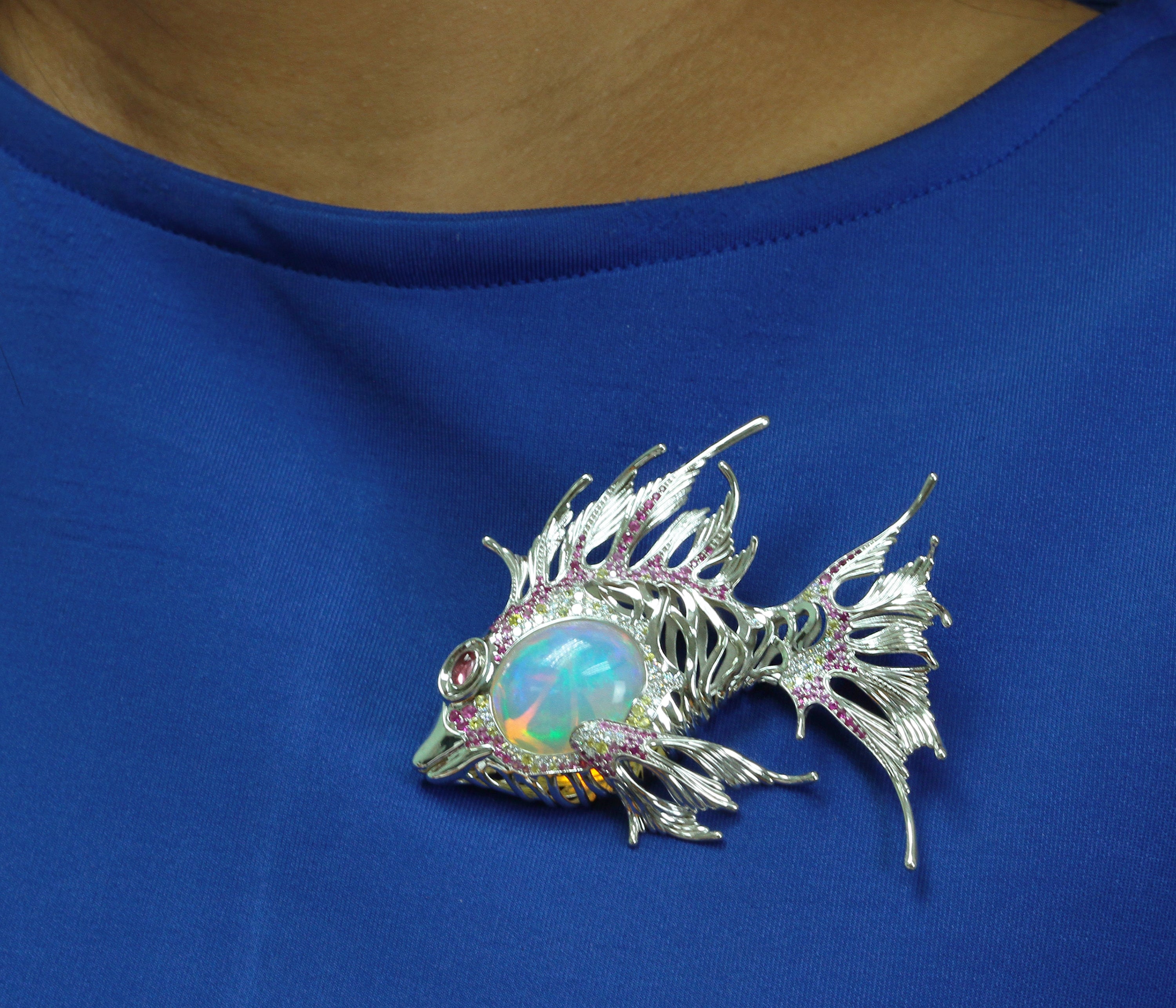Opal, Diamonds, Sapphires 18K White Gold Lion-Fish Brooch, Brs 0251-3