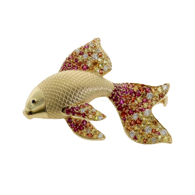 Brs 0251-2, 18K Yellow Gold, Diamonds, Sapphires Golden Fish Brooch