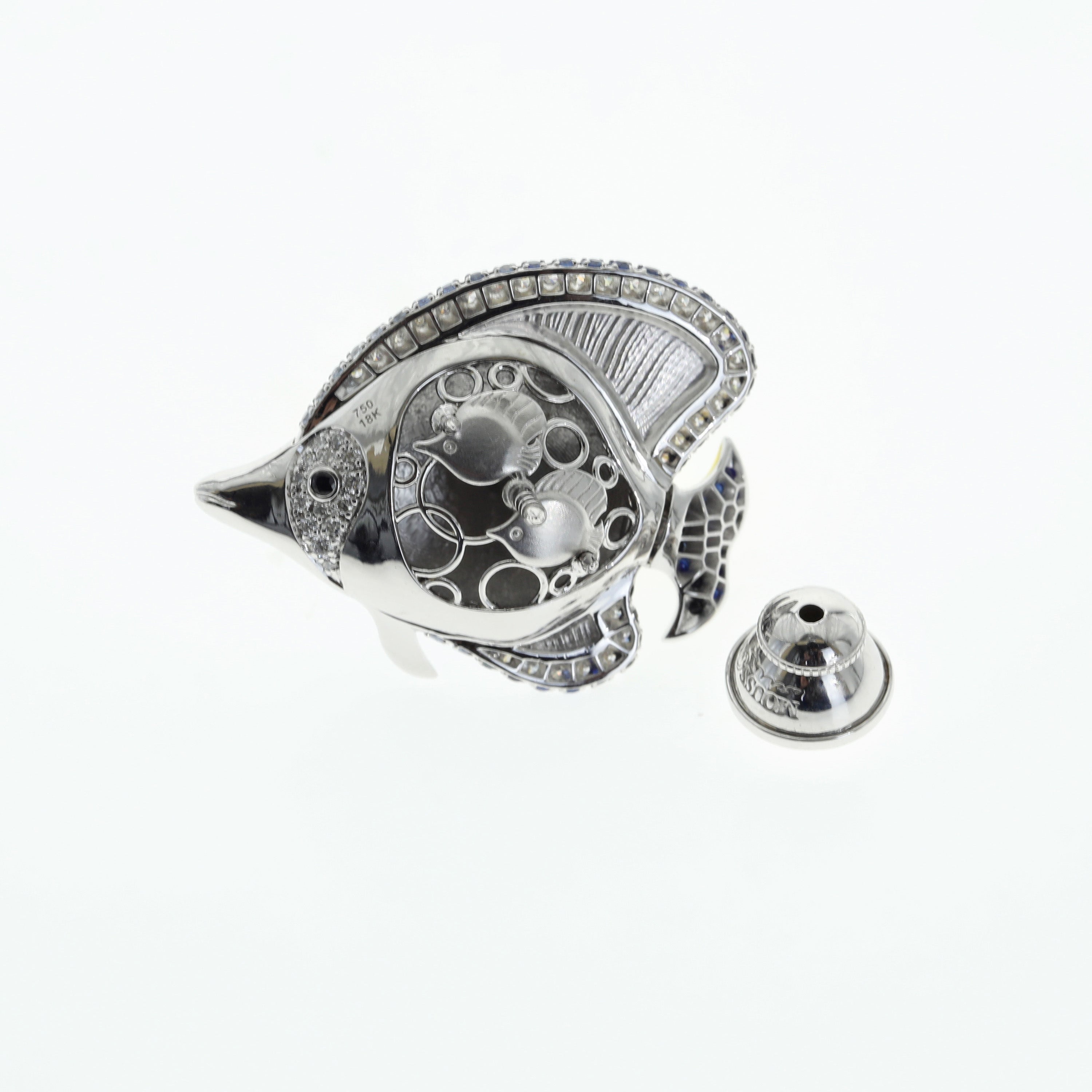 Enamel, Diamonds, Sapphires 18K White Gold Angel Fish Brooch, Brs 0252-2