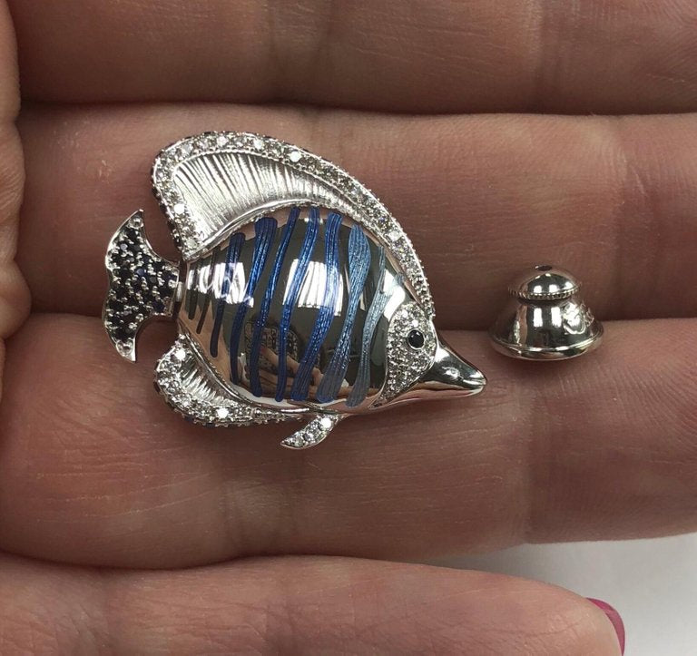 Enamel, Diamonds, Sapphires 18K White Gold Angel Fish Brooch, Brs 0252-2