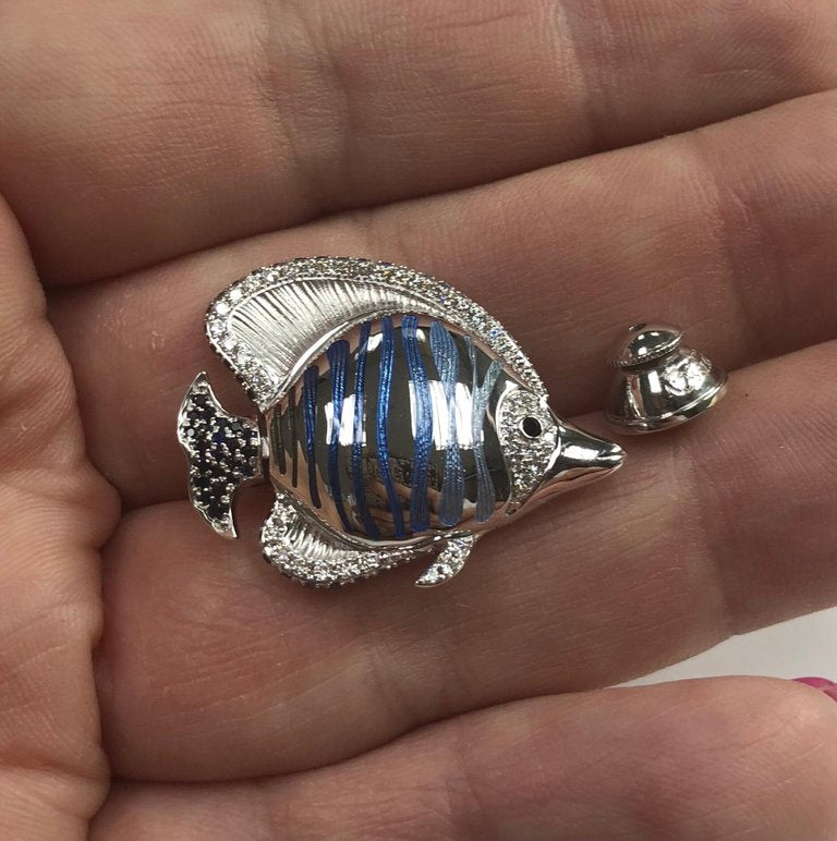 Enamel, Diamonds, Sapphires 18K White Gold Angel Fish Brooch, Brs 0252-2