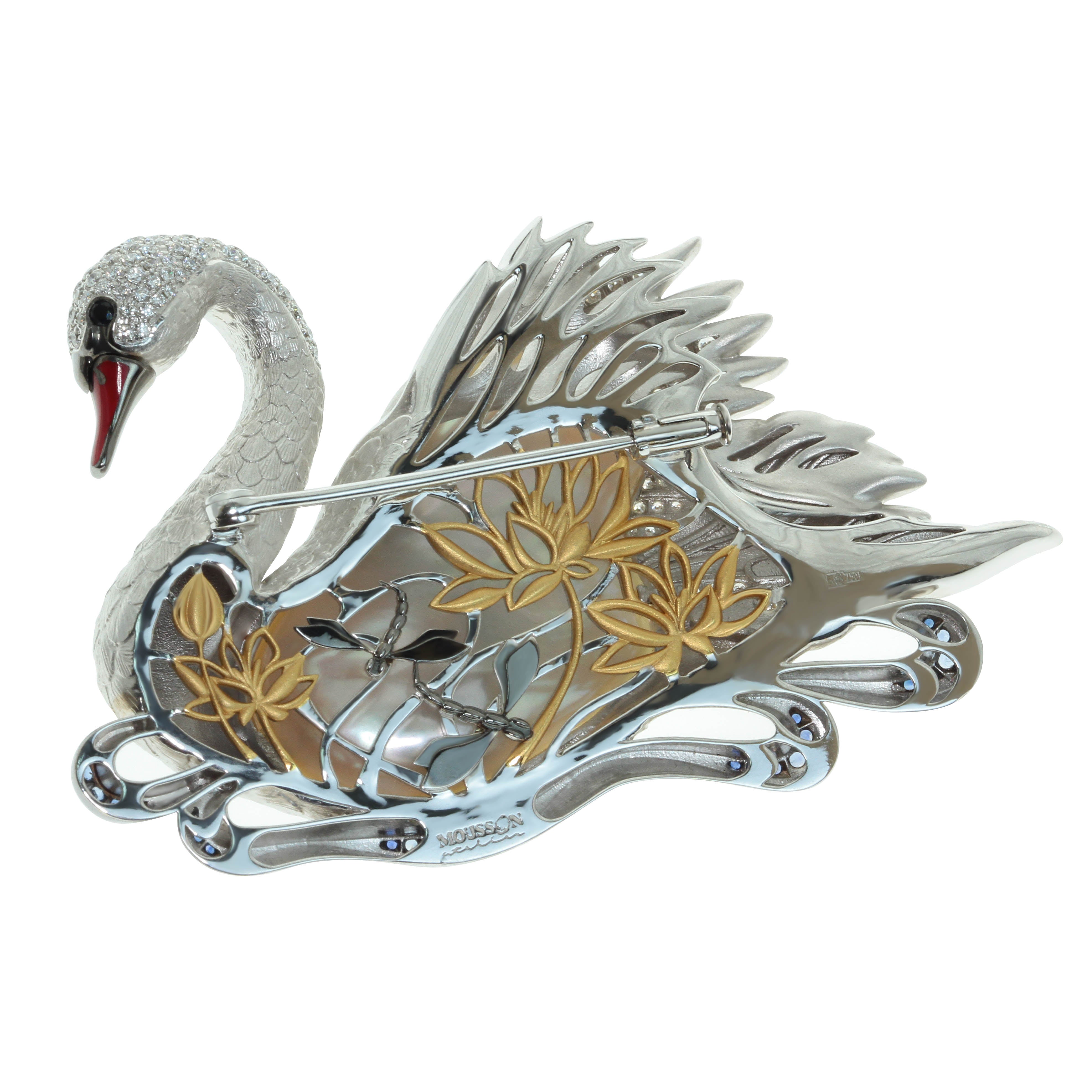 Pearl, Diamonds, Sapphires 18K White Gold Swan Brooch, Brs 0264-0