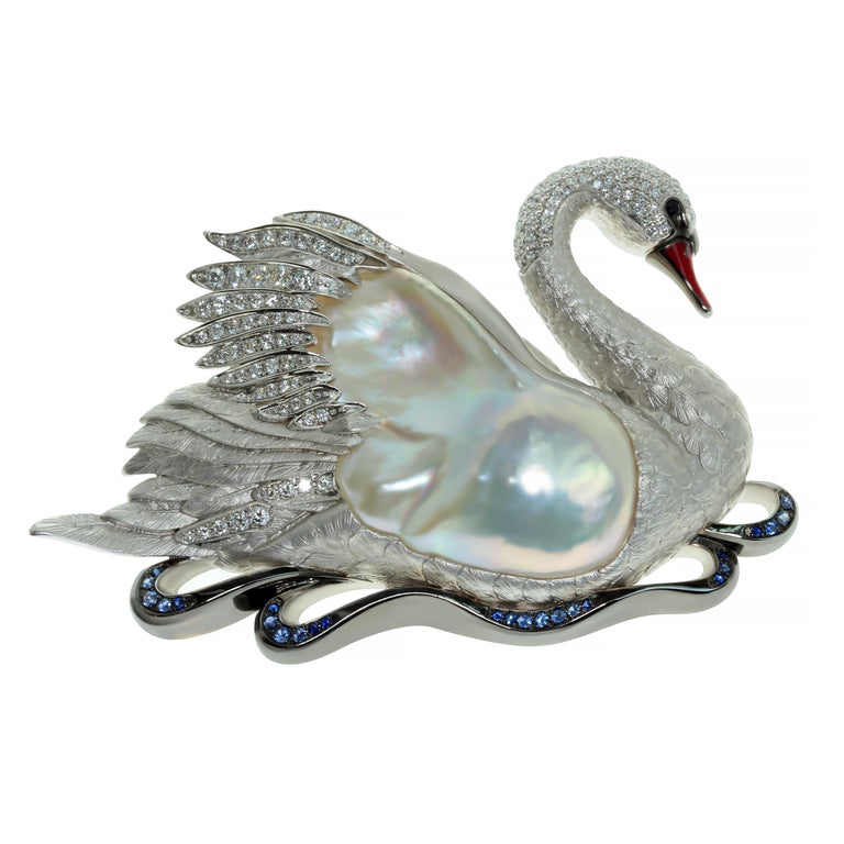 Pearl, Diamonds, Sapphires 18K White Gold Swan Brooch, Brs 0264-0