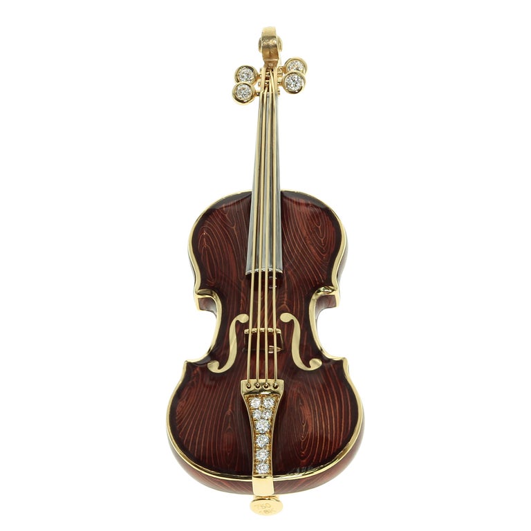 Enamel, Diamonds 18K Yellow Gold Violin Brooch, Brs 0267-0
