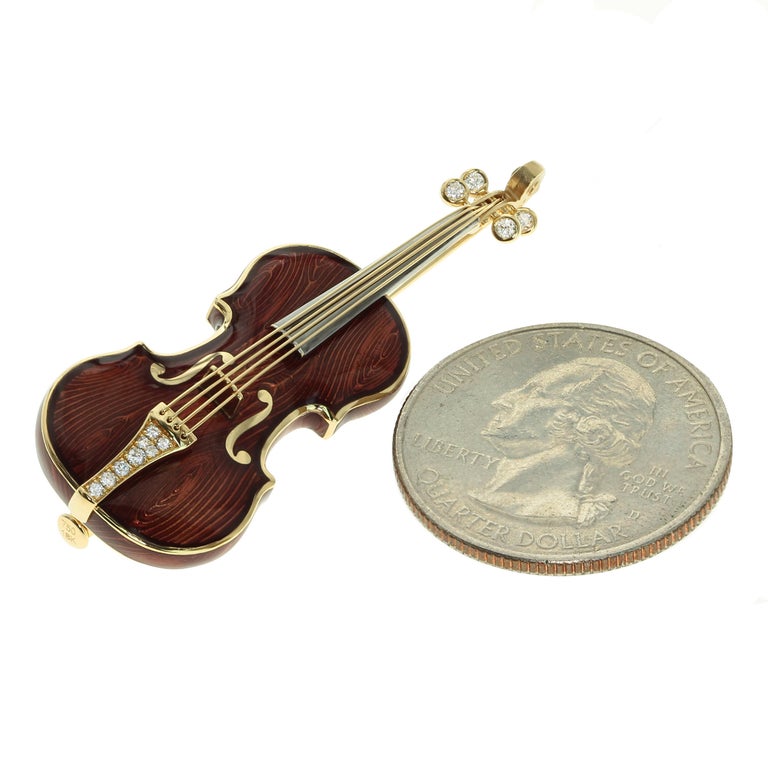 Enamel, Diamonds 18K Yellow Gold Violin Brooch, Brs 0267-0