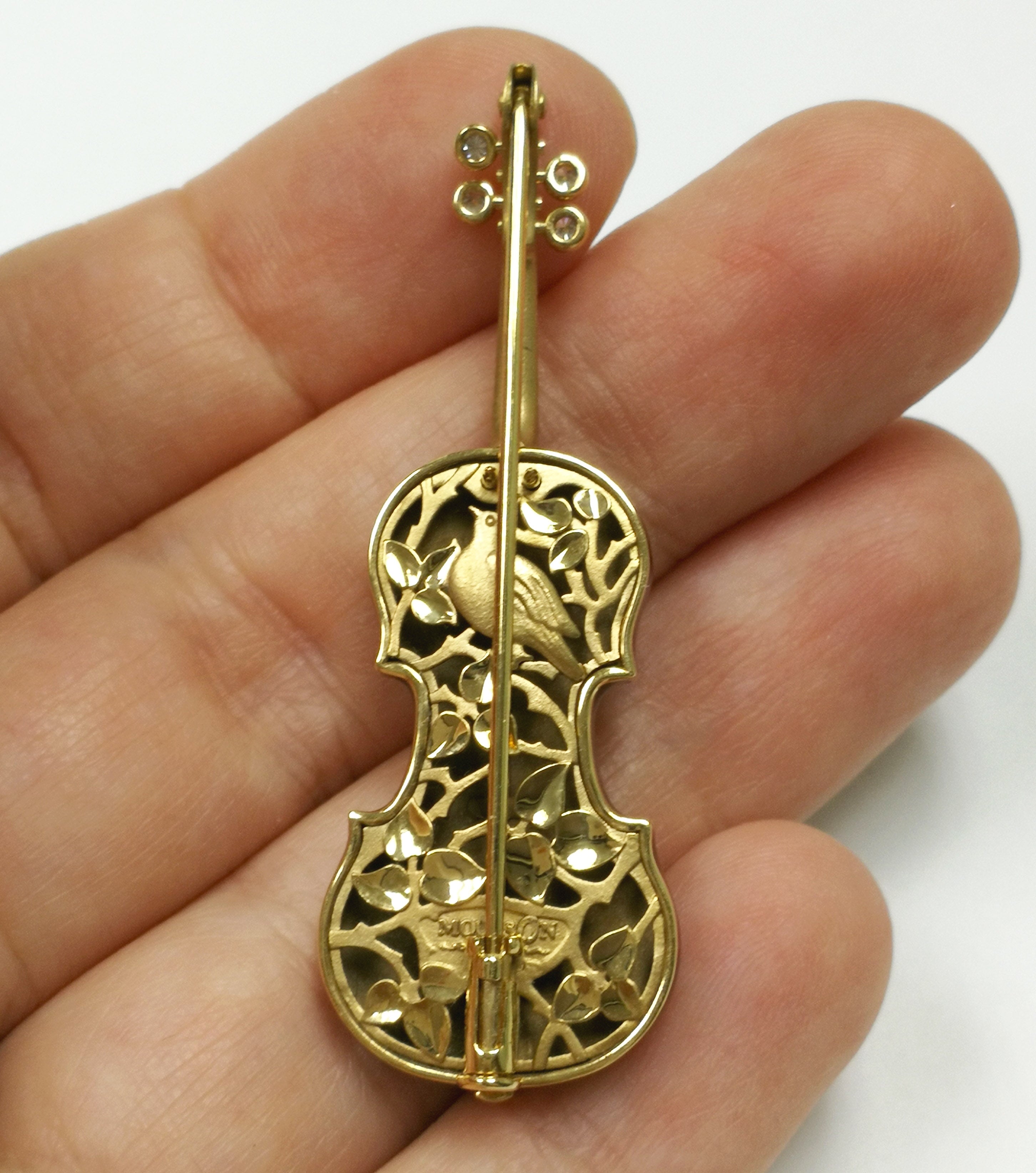 Enamel, Diamonds 18K Yellow Gold Violin Brooch, Brs 0267-0