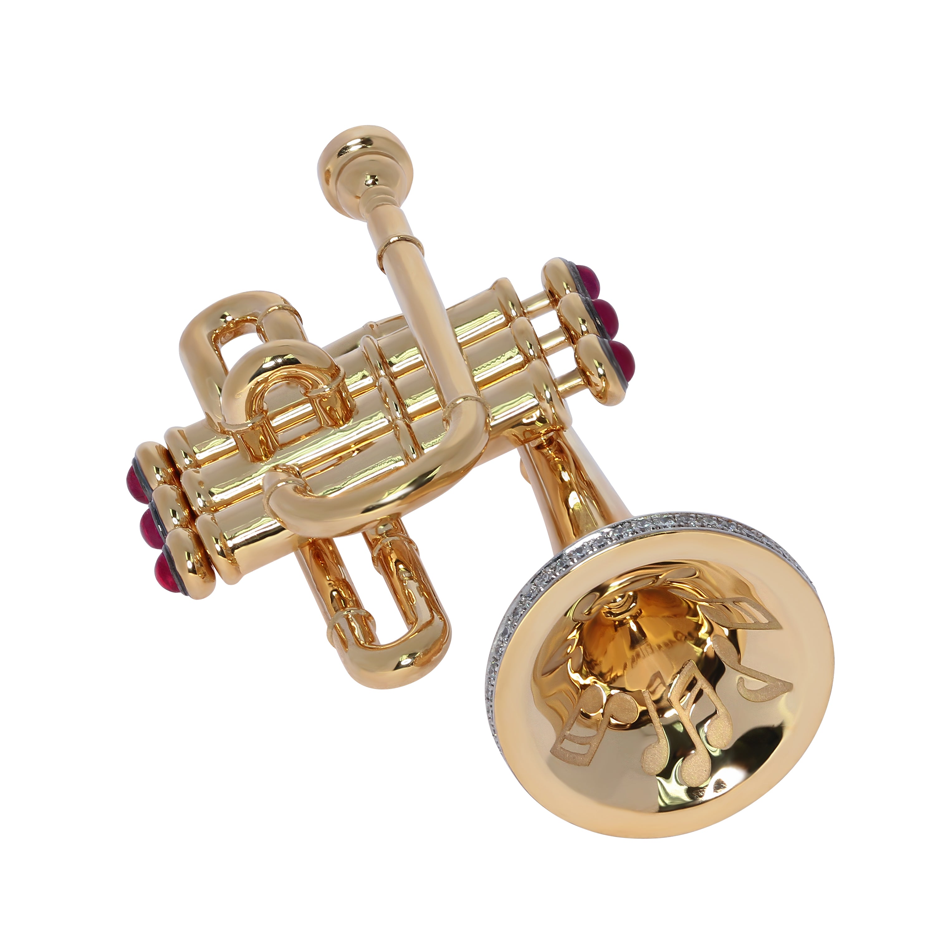 Enamel, Ruby, Diamonds 18K Yellow Gold Trumpet Brooch, Brs 0267-1