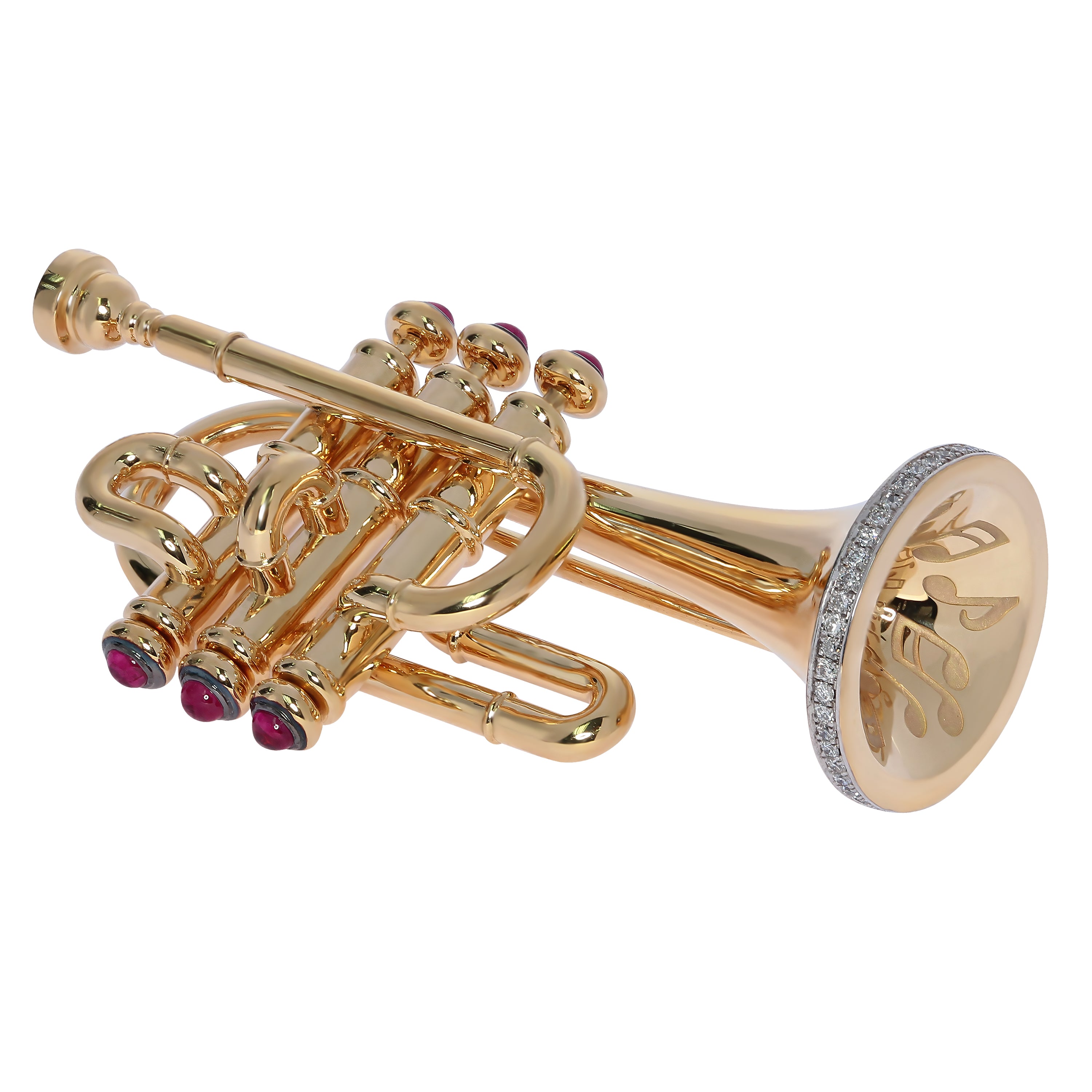 Enamel, Ruby, Diamonds 18K Yellow Gold Trumpet Brooch, Brs 0267-1