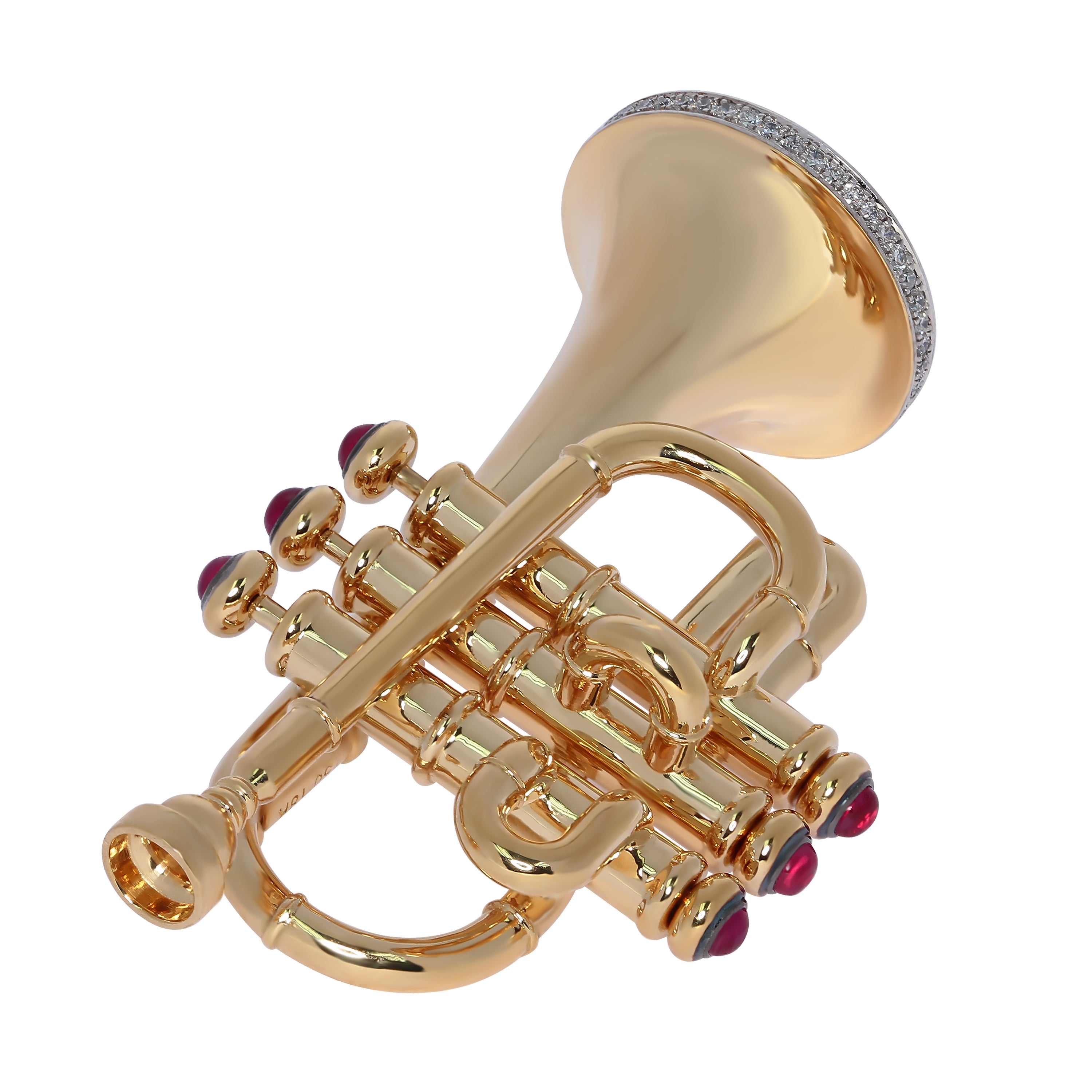 Enamel, Ruby, Diamonds 18K Yellow Gold Trumpet Brooch, Brs 0267-1