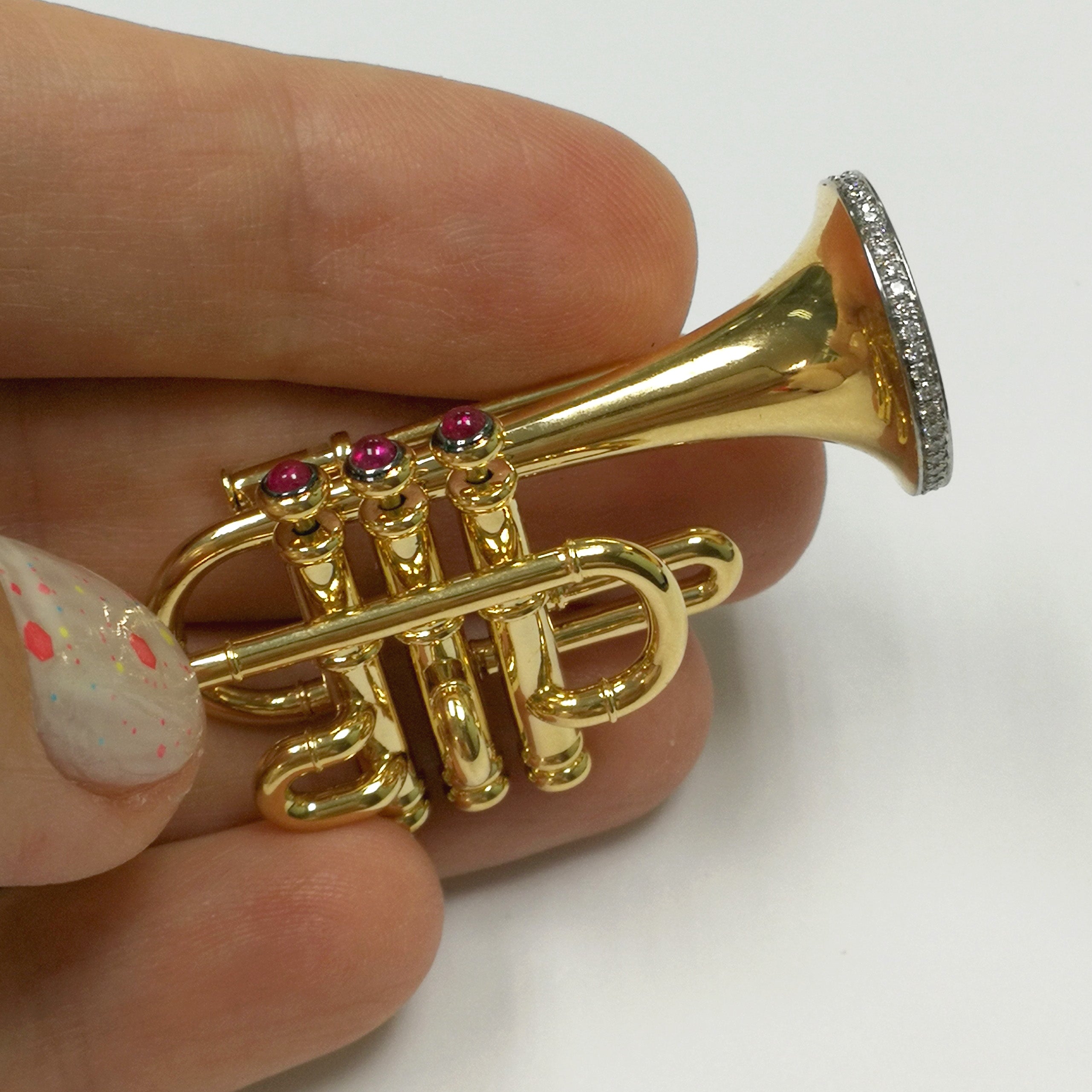 Enamel, Ruby, Diamonds 18K Yellow Gold Trumpet Brooch, Brs 0267-1