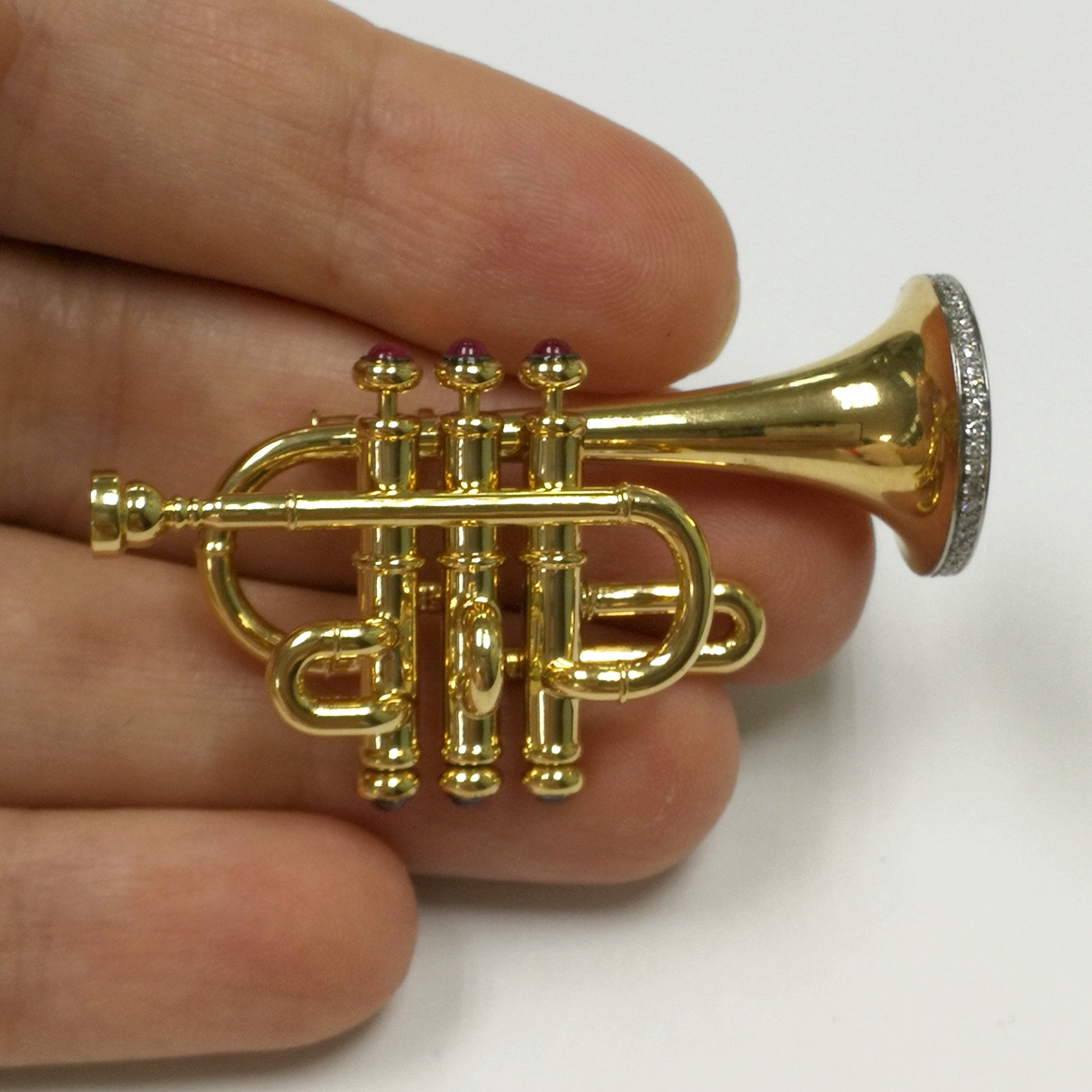 Enamel, Ruby, Diamonds 18K Yellow Gold Trumpet Brooch, Brs 0267-1