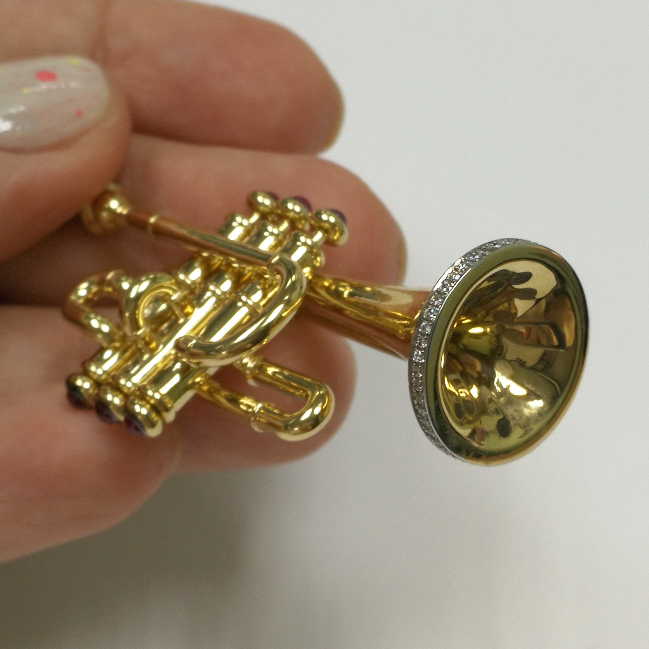 Enamel, Ruby, Diamonds 18K Yellow Gold Trumpet Brooch, Brs 0267-1