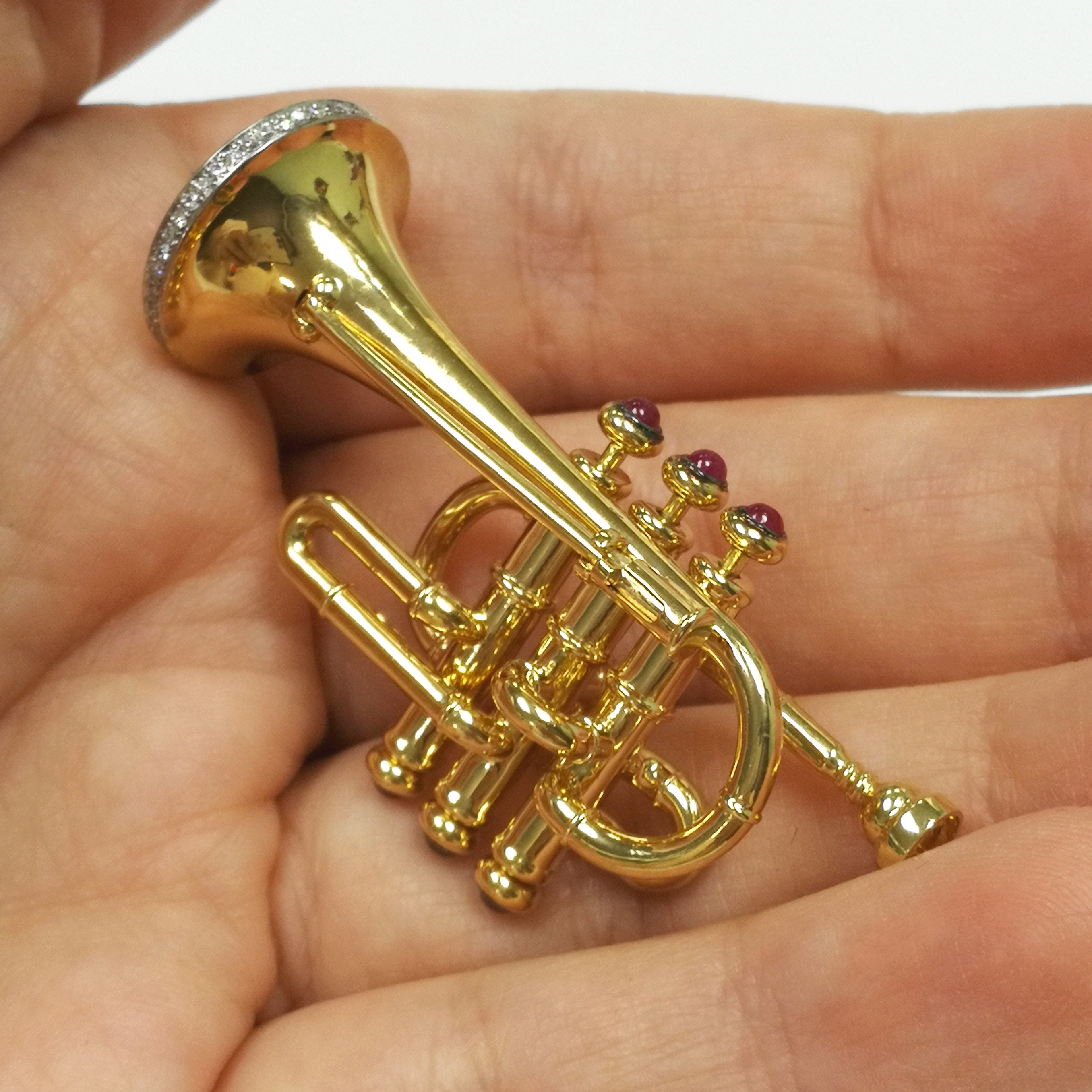 Enamel, Ruby, Diamonds 18K Yellow Gold Trumpet Brooch, Brs 0267-1