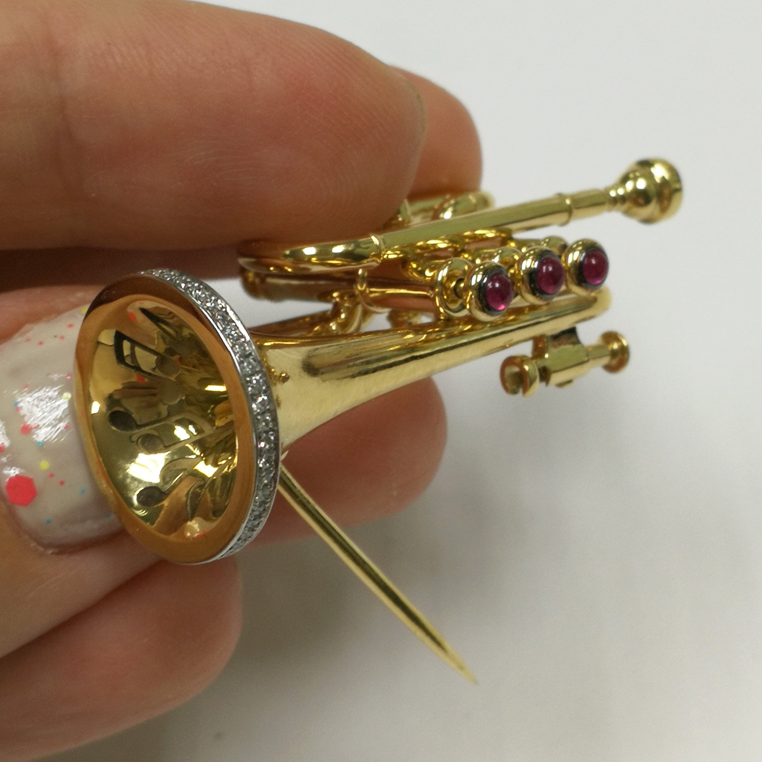 Enamel, Ruby, Diamonds 18K Yellow Gold Trumpet Brooch, Brs 0267-1