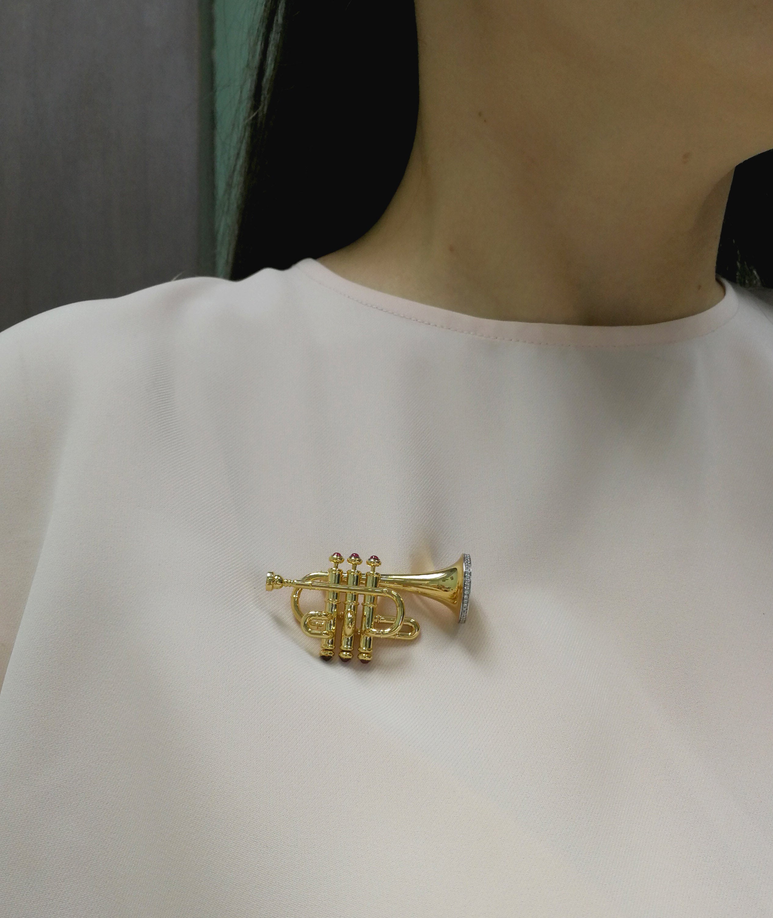 Enamel, Ruby, Diamonds 18K Yellow Gold Trumpet Brooch, Brs 0267-1