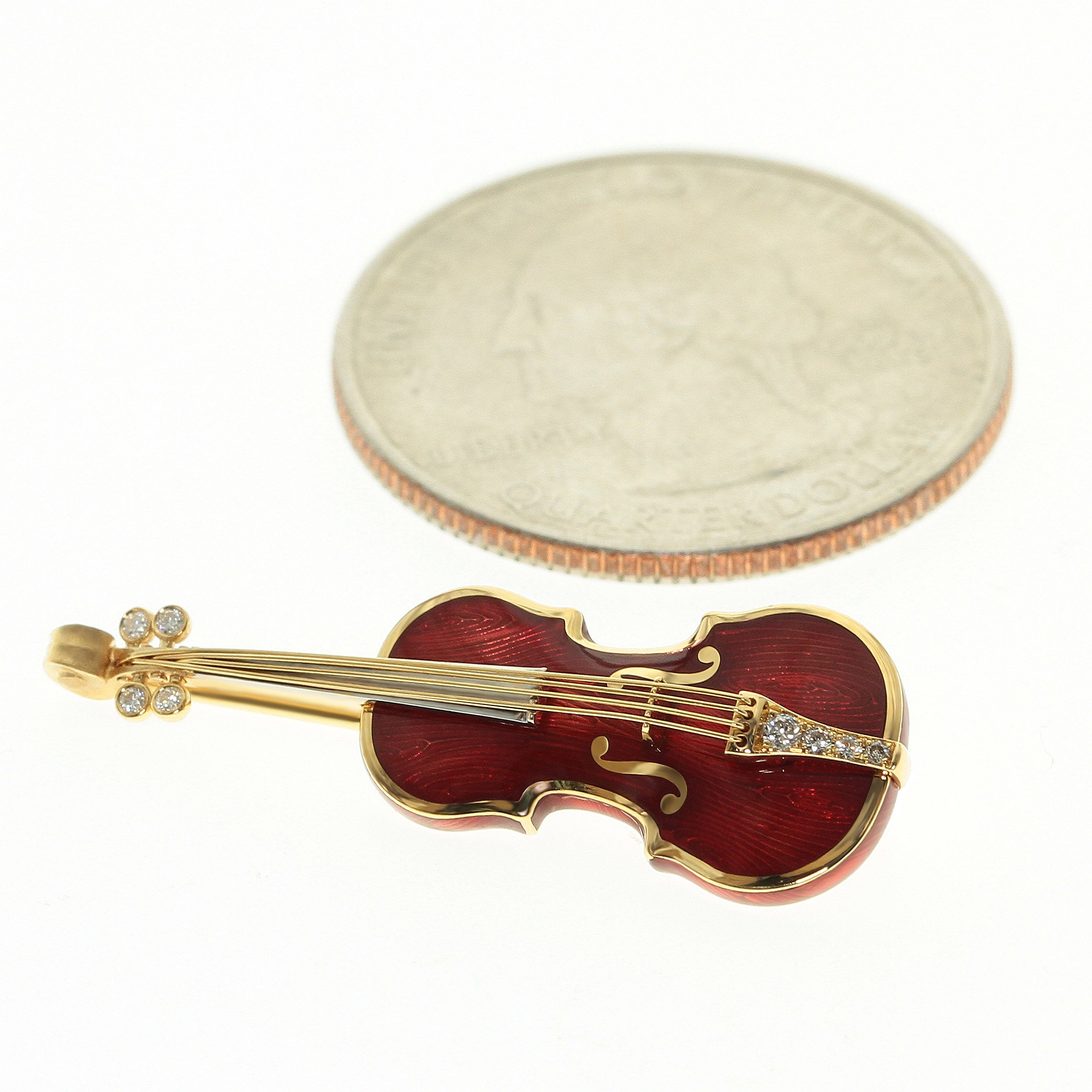 Enamel, Diamonds 18K Yellow Gold Mini Violin Brown Brooch, Brs 0267-10