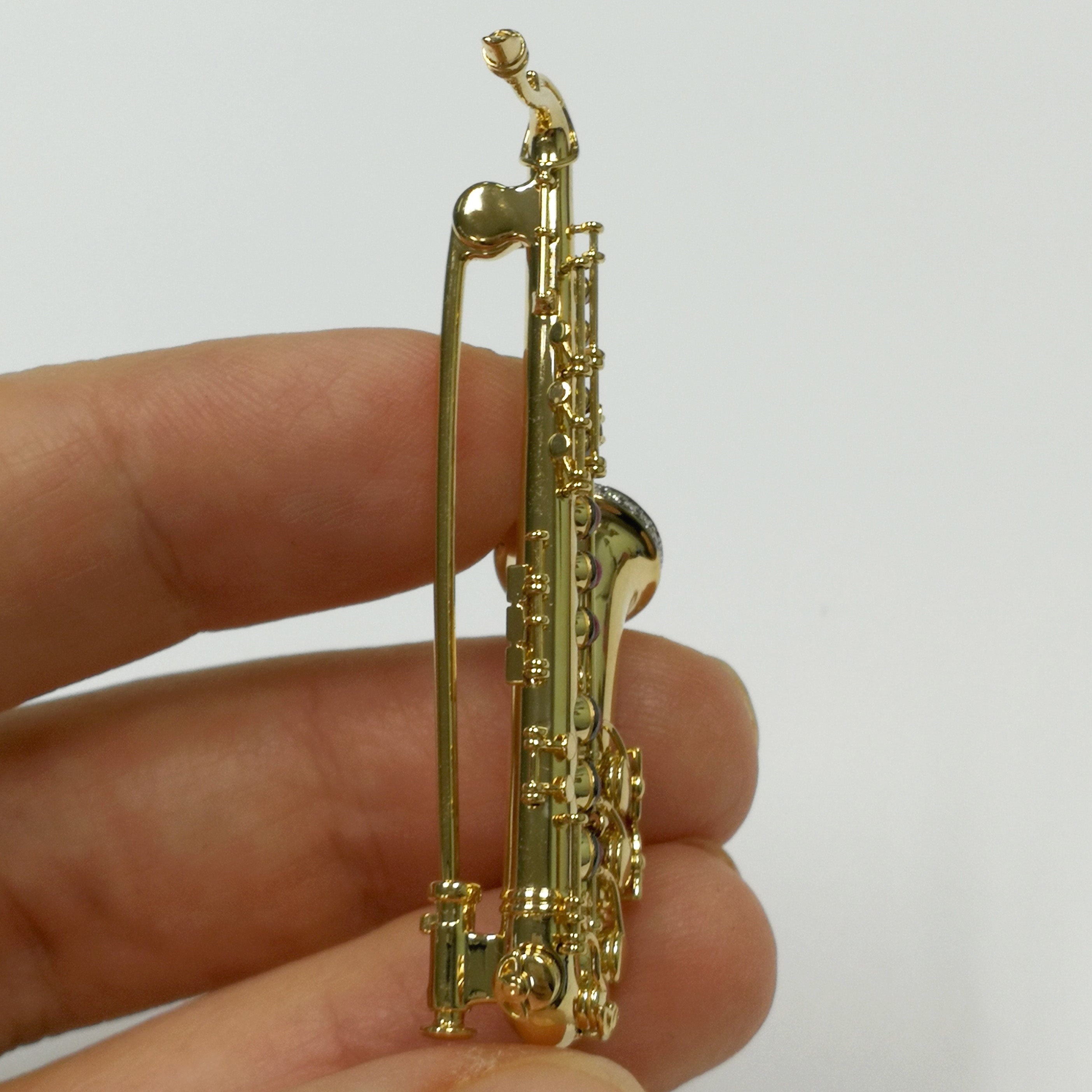 Ruby, Diamonds, Enamel 18K Yellow Gold Saxophone Brooch, Brs 0267-4