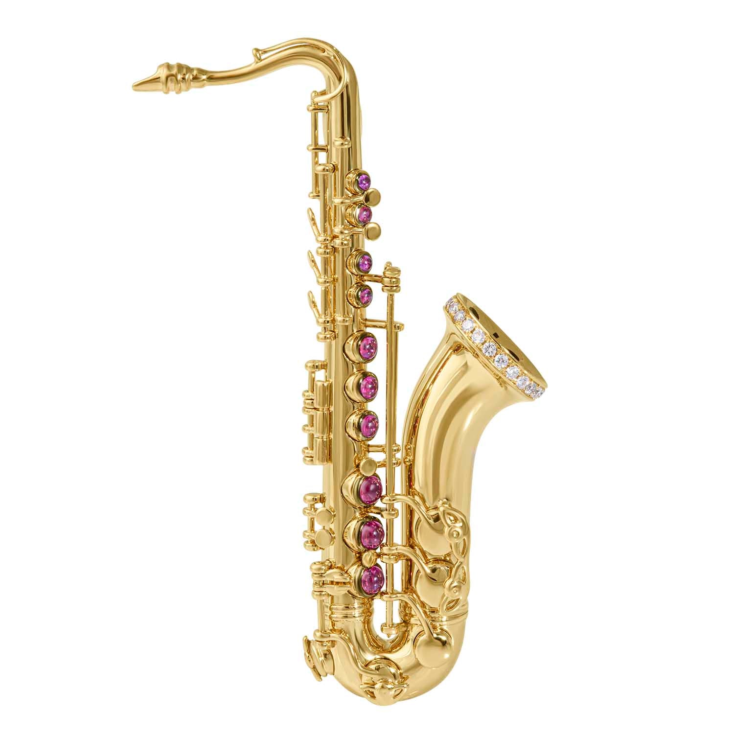 Ruby, Diamonds, Enamel 18K Yellow Gold Saxophone Brooch, Brs 0267-4
