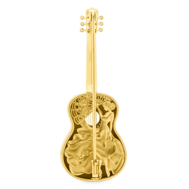 Enamel, Diamonds 18K Yellow Gold Spanish Guitar Brooch, Brs 0267-6