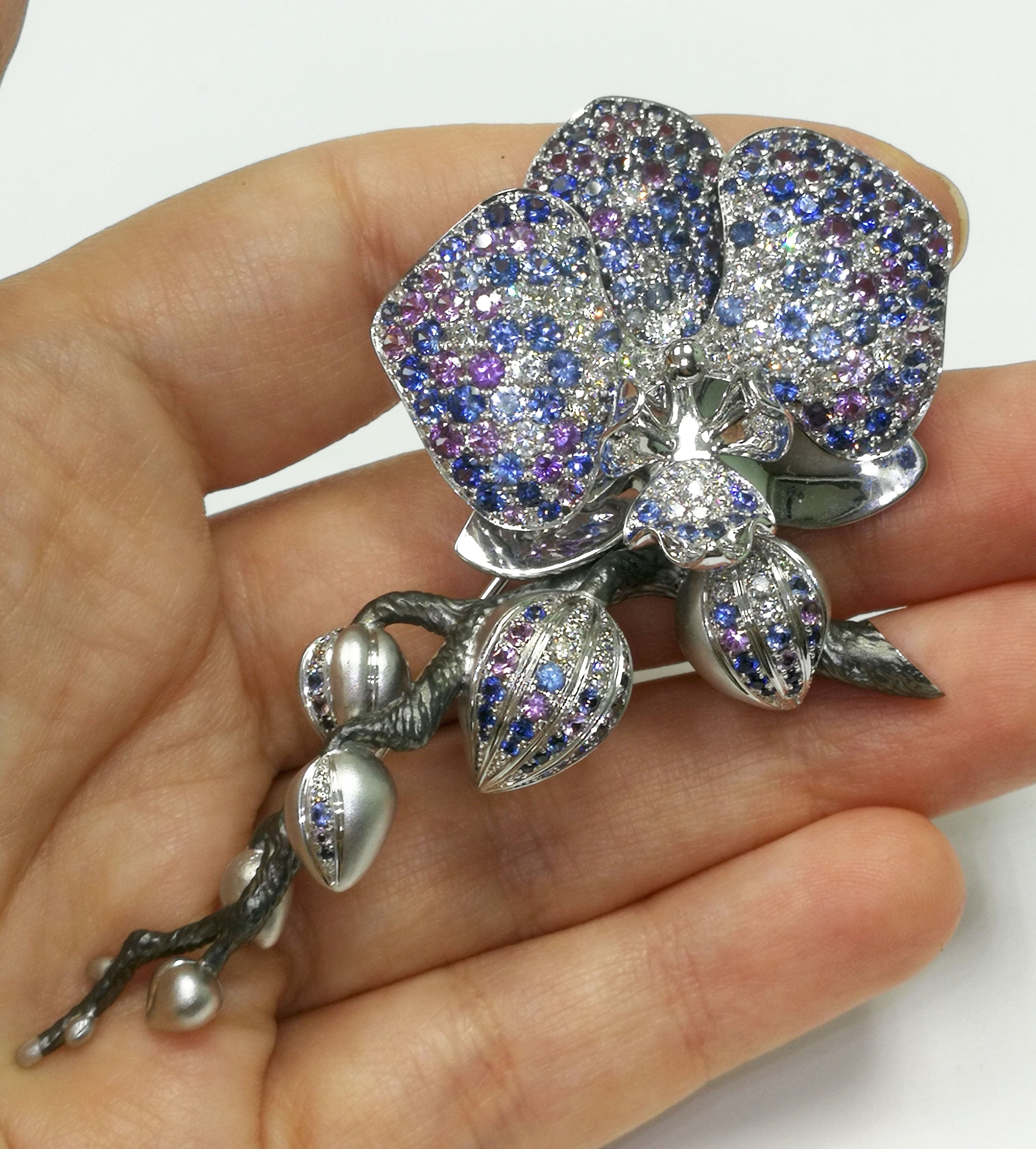 Sapphires, Diamonds 18K White Gold Brooch, Brs 0275-23