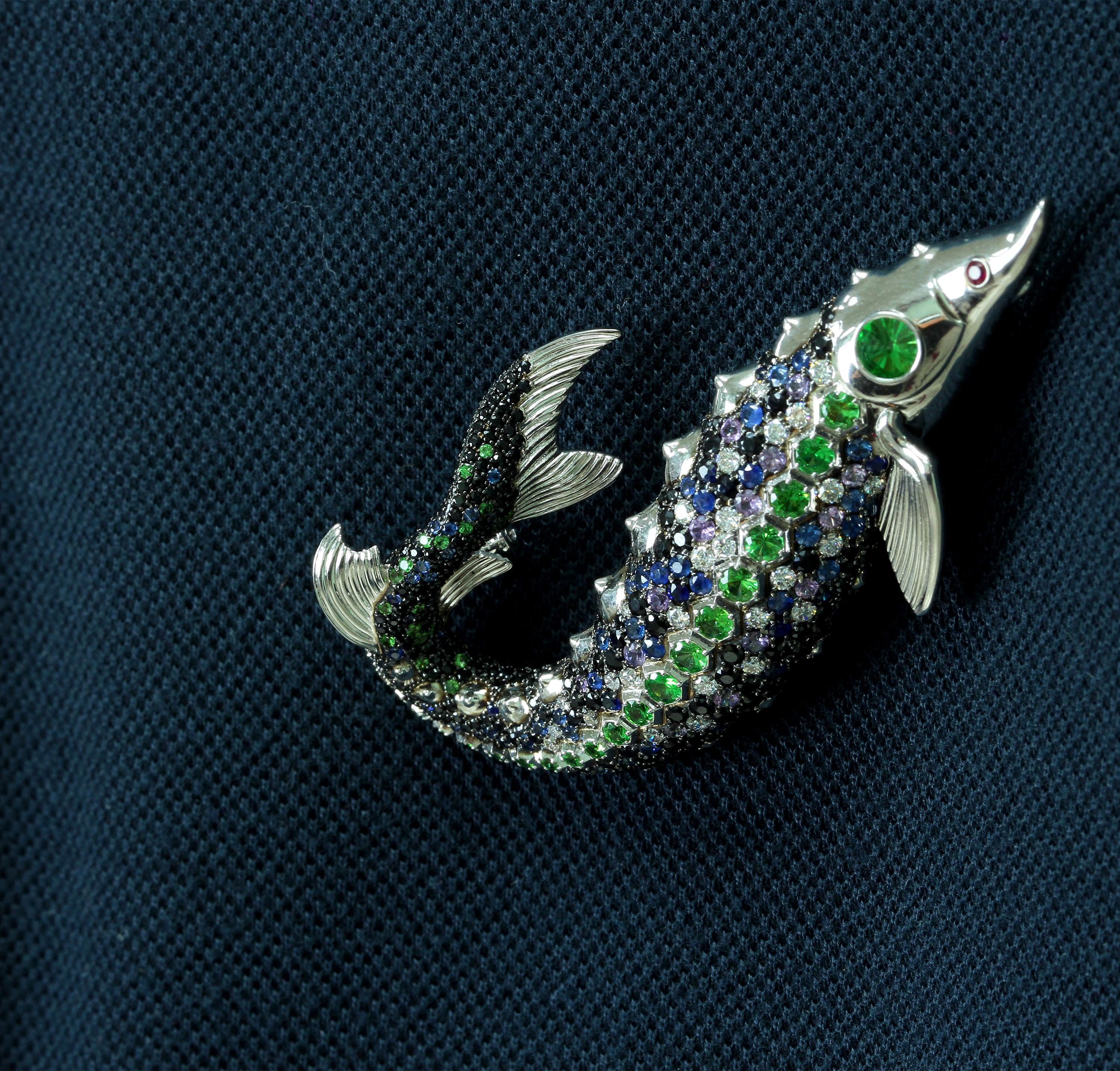 Diamonds, Sapphires, Tsavorites 18K White Gold Sturgeon Brooch, Brs 0277-0