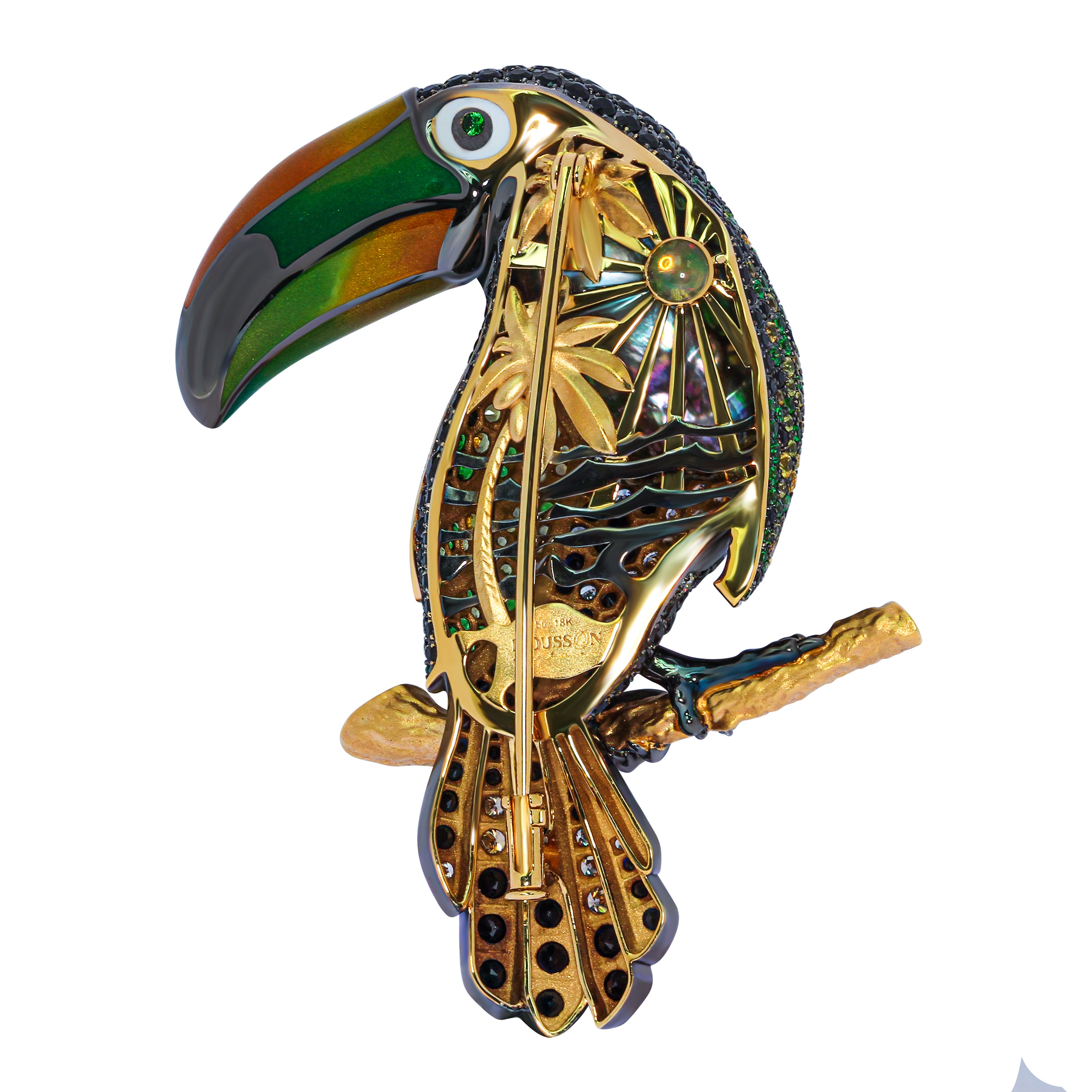 Tahiti Pearl, Enamel, Sapphires, Tsavorites, Diamonds 18K Yellow Gold Tucano Brooch, Brs 0300-0