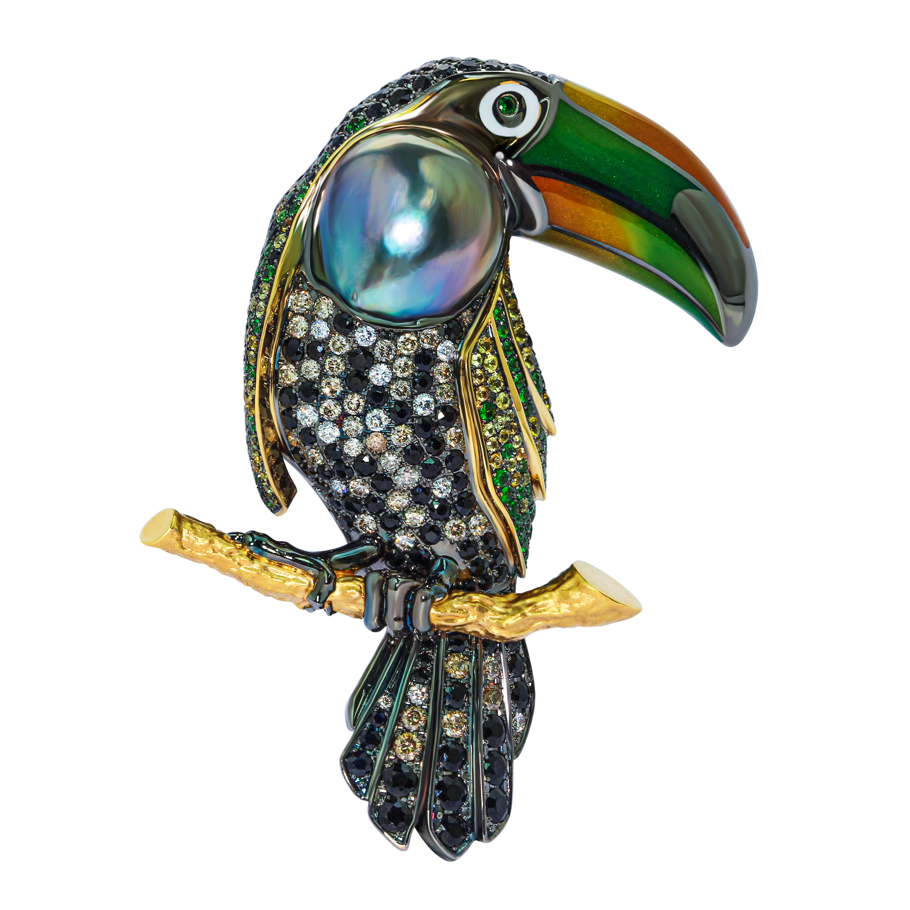 Tahiti Pearl, Enamel, Sapphires, Tsavorites, Diamonds 18K Yellow Gold Tucano Brooch, Brs 0300-0
