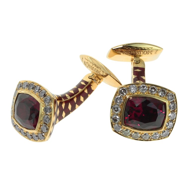 Enamel, Rhodolite Garnet, Champagne Diamonds 18K Yellow Gold Cufflinks, C 0176-30