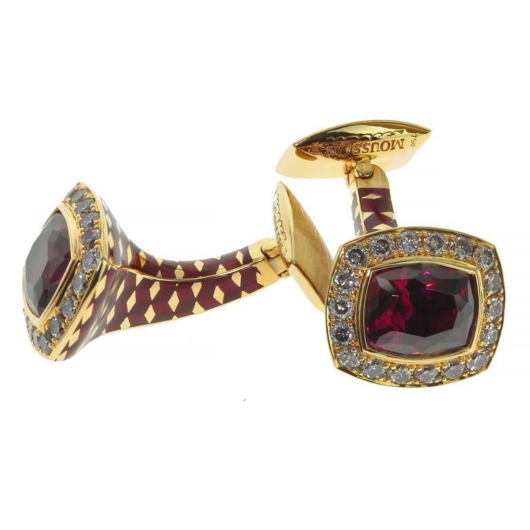 Enamel, Rhodolite Garnet, Champagne Diamonds 18K Yellow Gold Cufflinks, C 0176-30