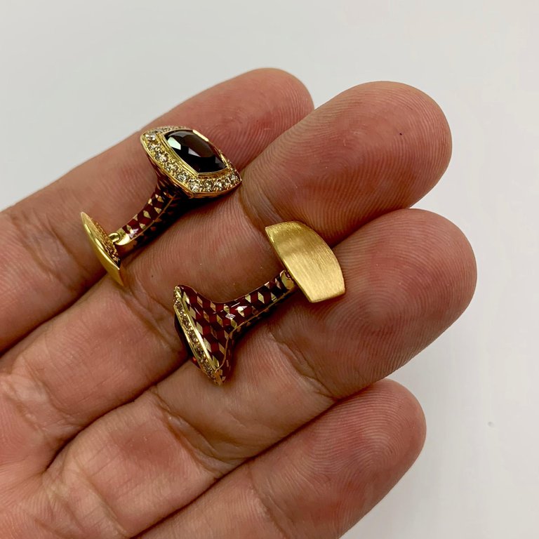 Enamel, Rhodolite Garnet, Champagne Diamonds 18K Yellow Gold Cufflinks, C 0176-30