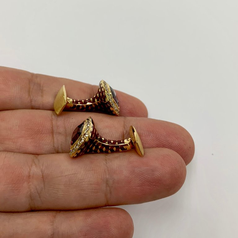 Enamel, Rhodolite Garnet, Champagne Diamonds 18K Yellow Gold Cufflinks, C 0176-30