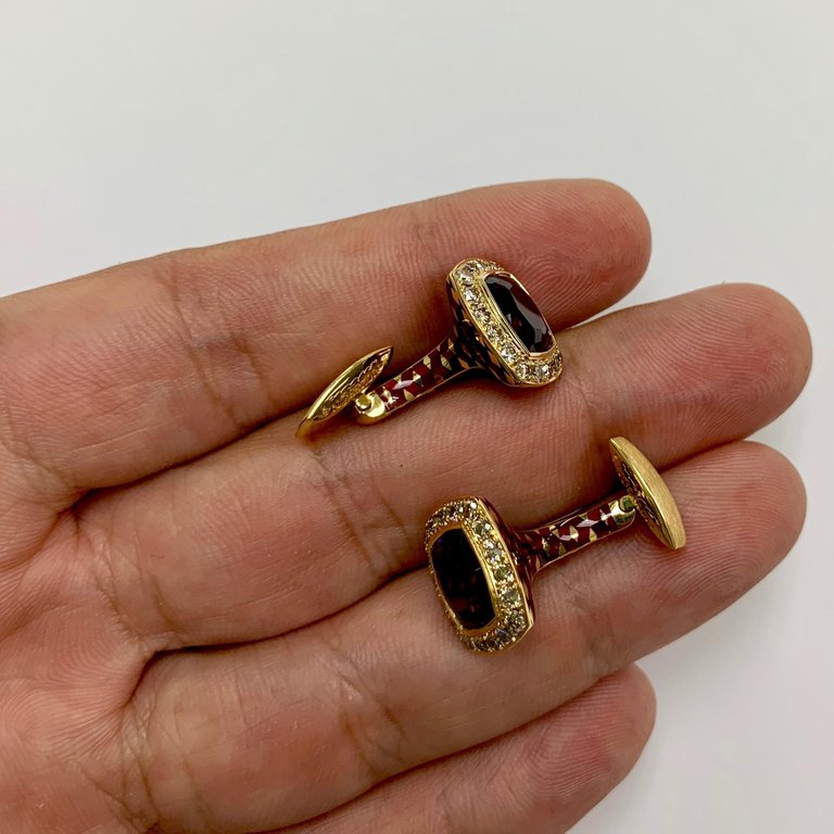 Enamel, Rhodolite Garnet, Champagne Diamonds 18K Yellow Gold Cufflinks, C 0176-30
