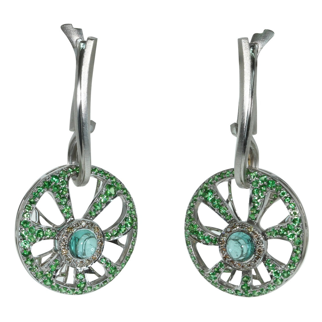 E 0005-0, 18K White Gold, Tourmaline, Tsavorite, Champagne Diamonds Earrings