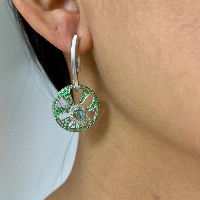 18K White Gold, Tourmaline, Tsavorite, Champagne Diamonds Earrings, E 0005-0