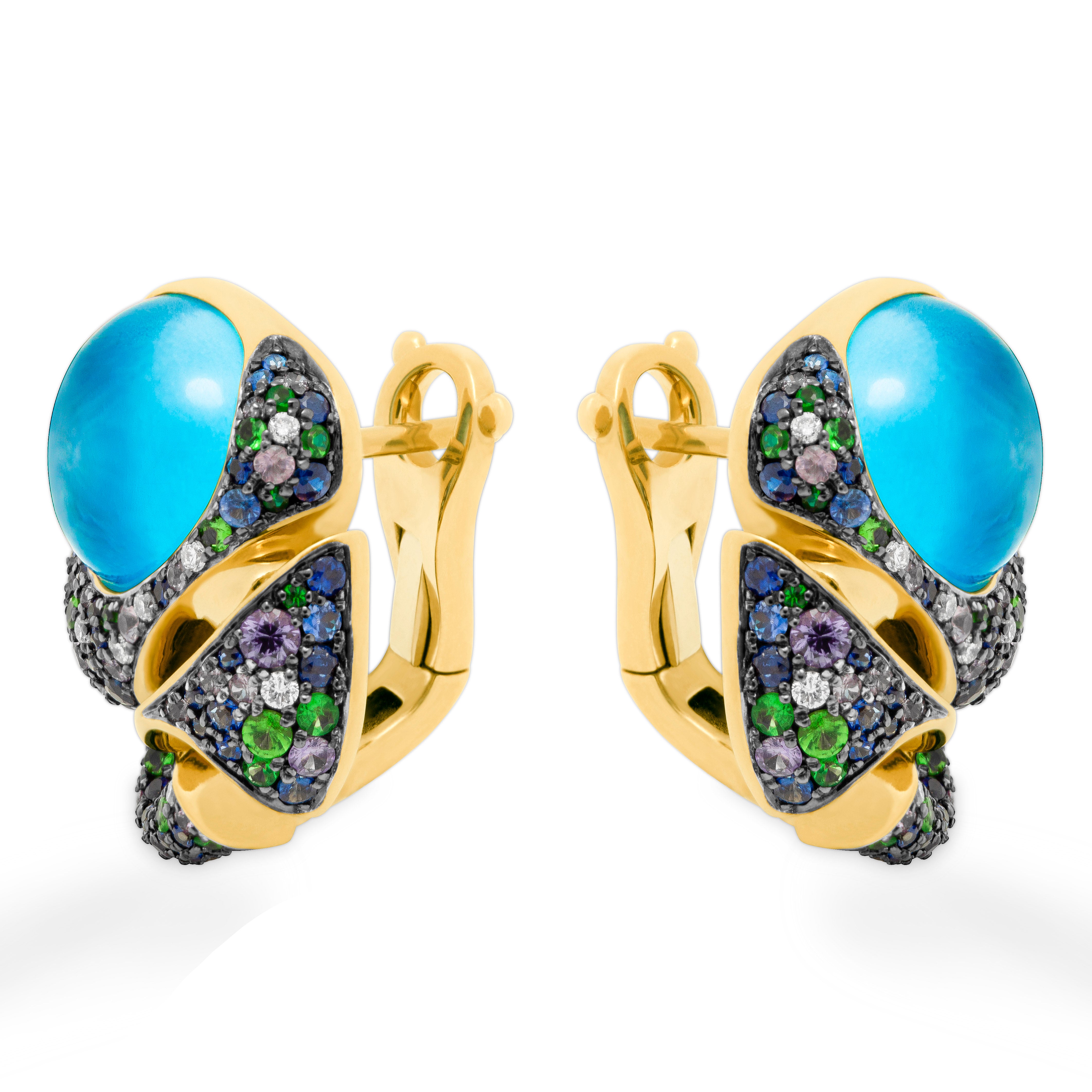 Topaz, Sapphires, Diamonds 18K Yellow Gold Earrings, E 0007-1