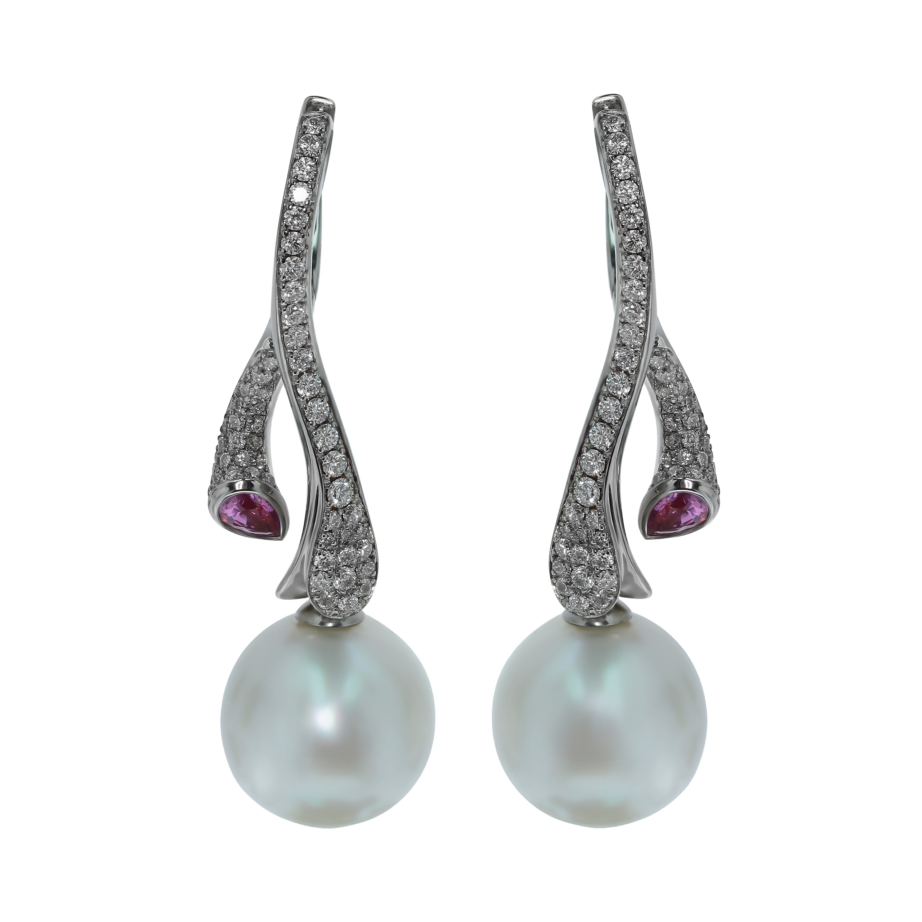 E 0008-0, 18K White Gold, South Sea Pearl, Pink Sapphire, Diamonds Earrings