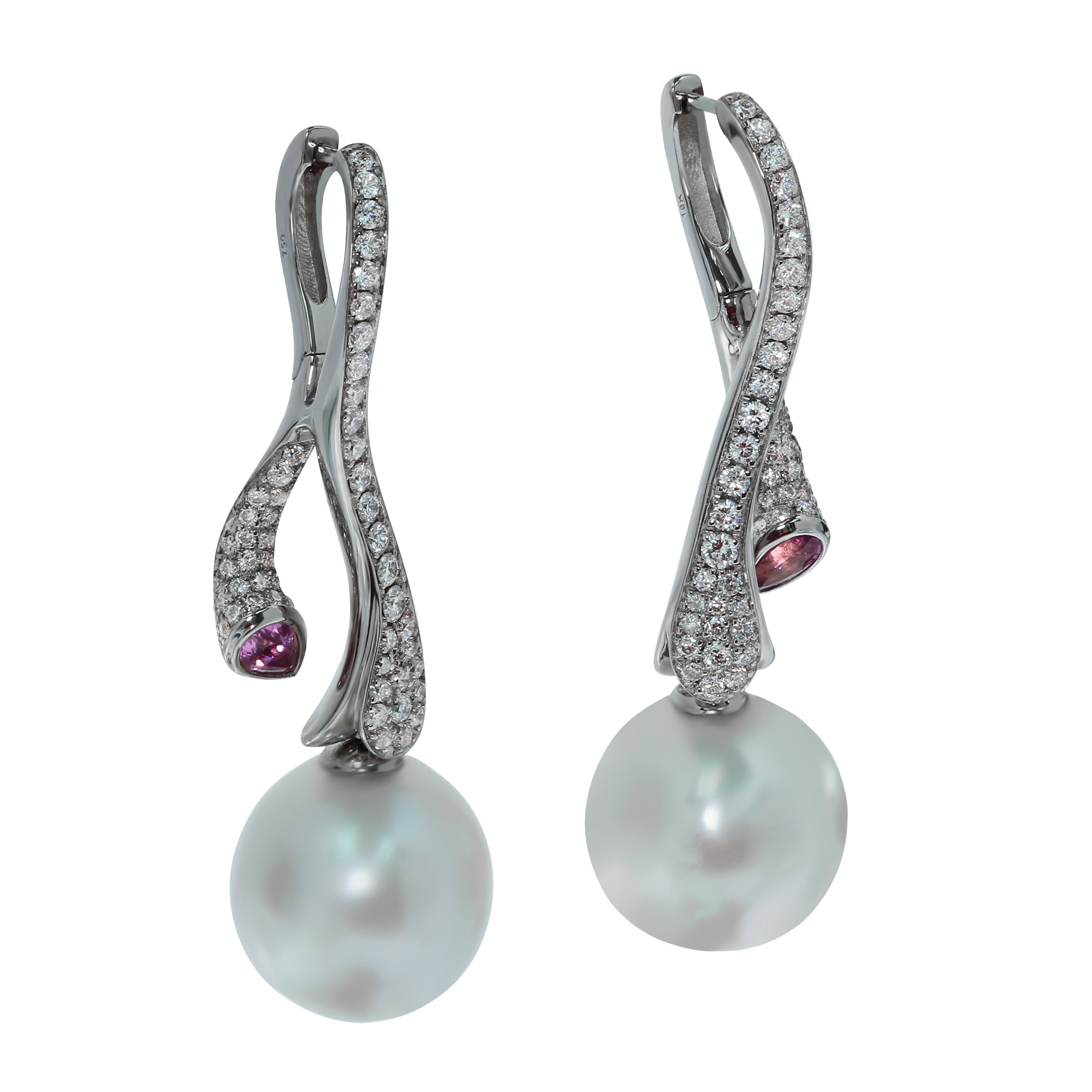 E 0008-0, 18K White Gold, South Sea Pearl, Pink Sapphire, Diamonds Earrings