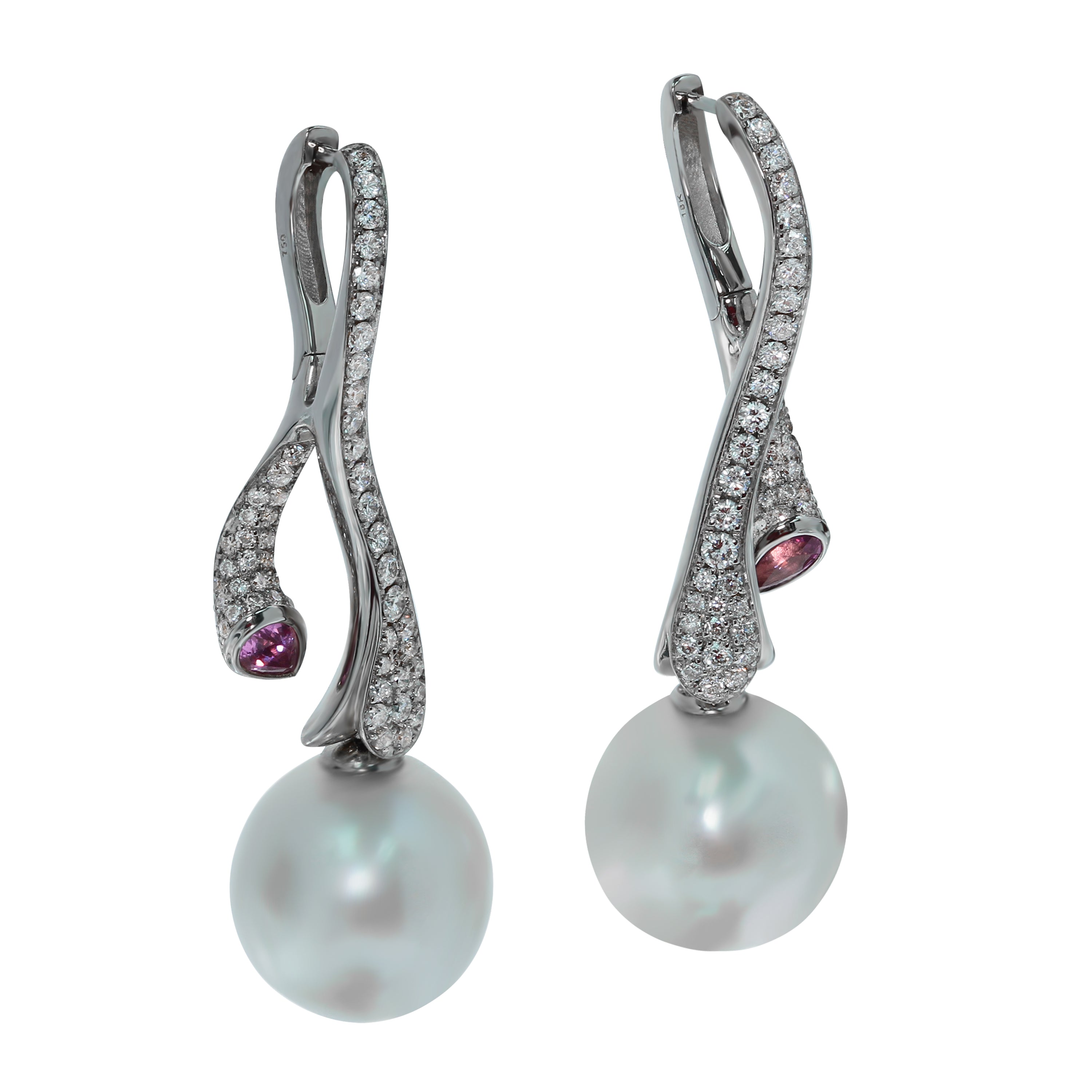 South Sea Pearl, Pink Sapphire, Diamonds 18K White Gold Earrings, E 0008-0