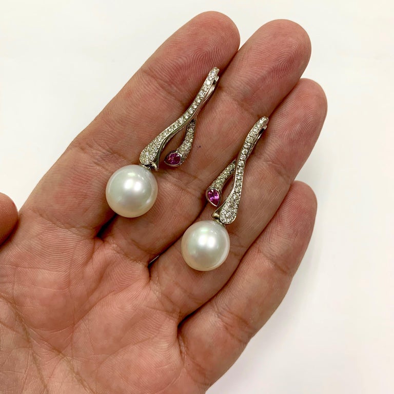 South Sea Pearl, Pink Sapphire, Diamonds 18K White Gold Earrings, E 0008-0