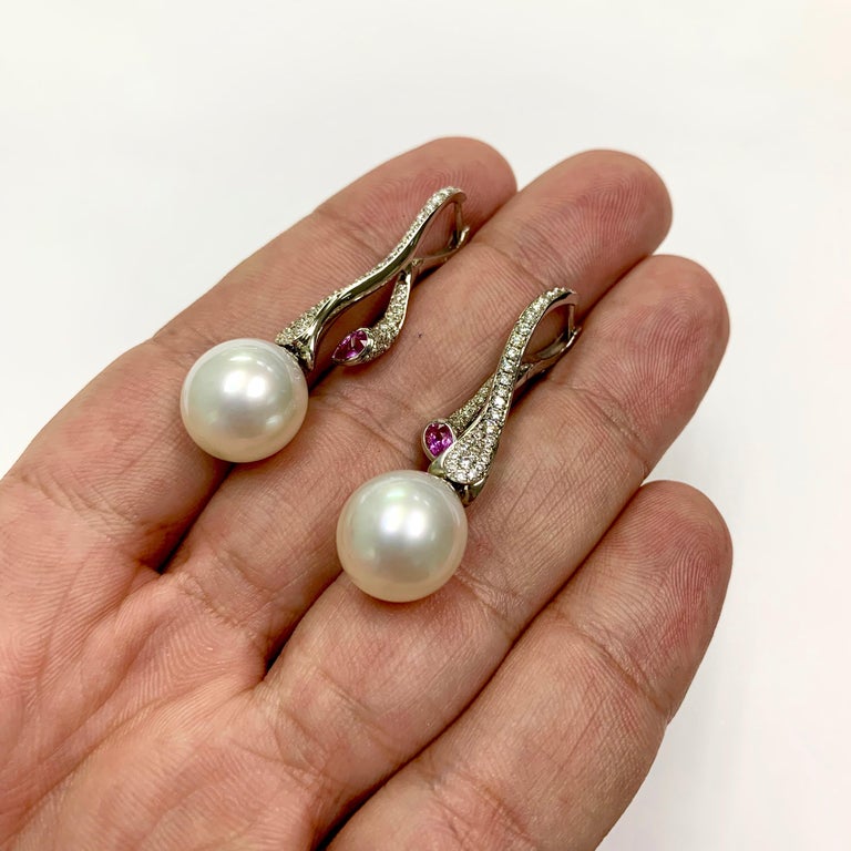 South Sea Pearl, Pink Sapphire, Diamonds 18K White Gold Earrings, E 0008-0