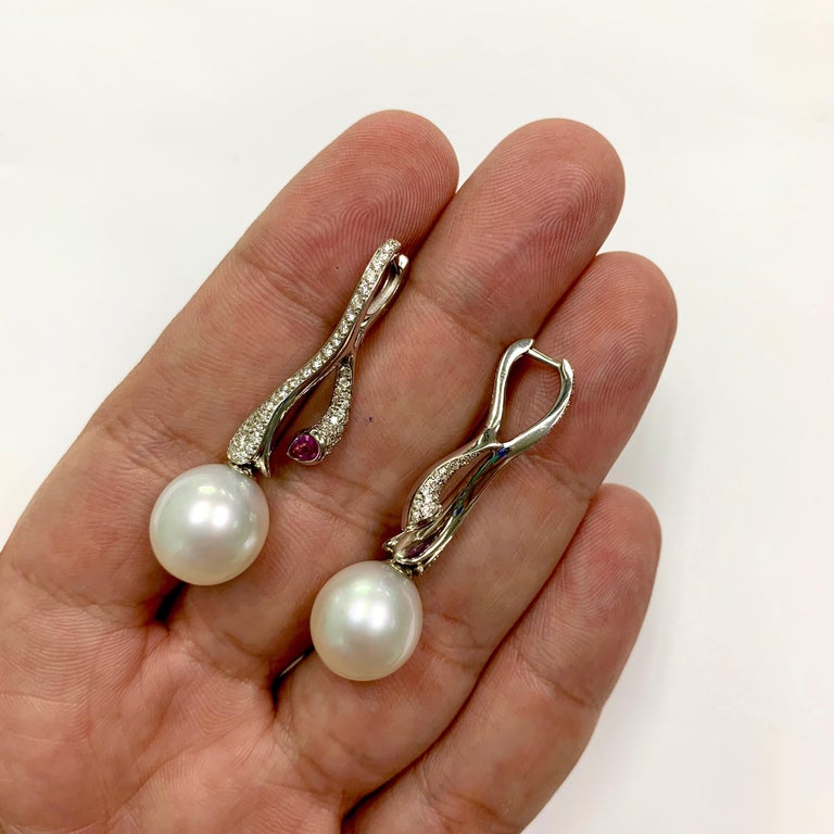 South Sea Pearl, Pink Sapphire, Diamonds 18K White Gold Earrings, E 0008-0