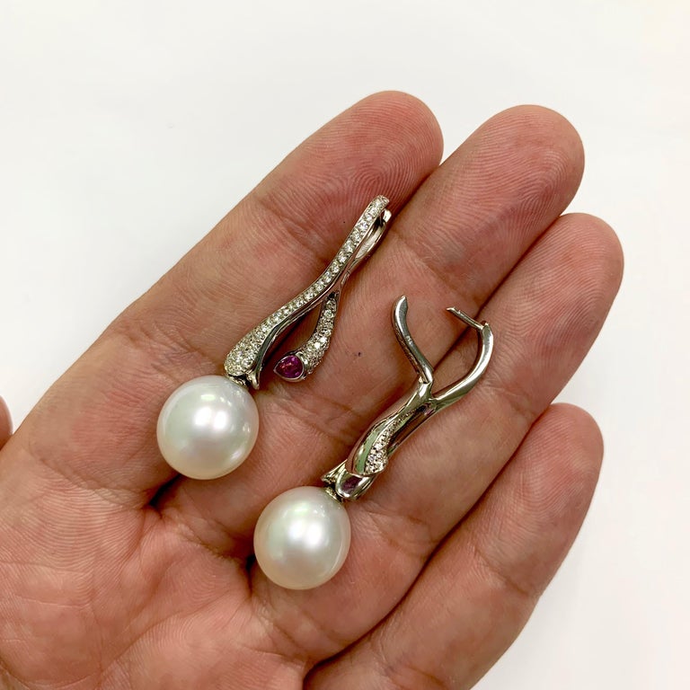 South Sea Pearl, Pink Sapphire, Diamonds 18K White Gold Earrings, E 0008-0