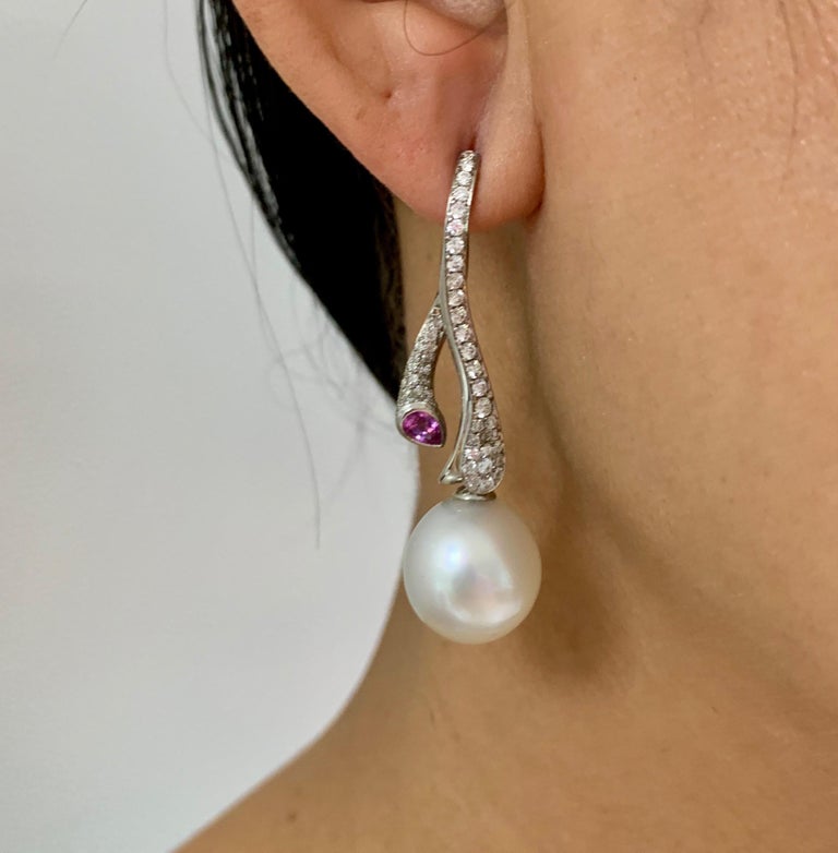 South Sea Pearl, Pink Sapphire, Diamonds 18K White Gold Earrings, E 0008-0