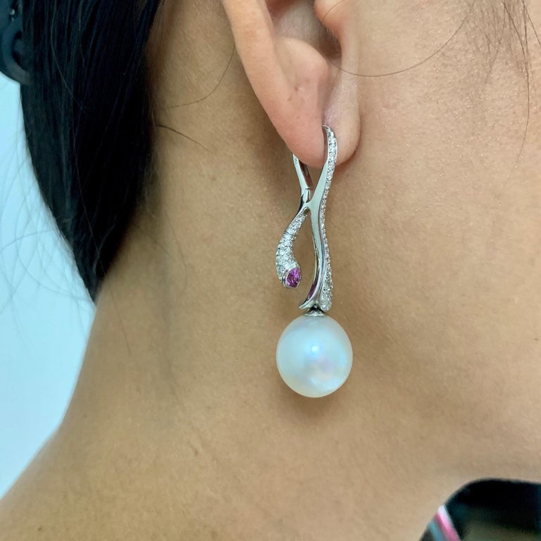 South Sea Pearl, Pink Sapphire, Diamonds 18K White Gold Earrings, E 0008-0